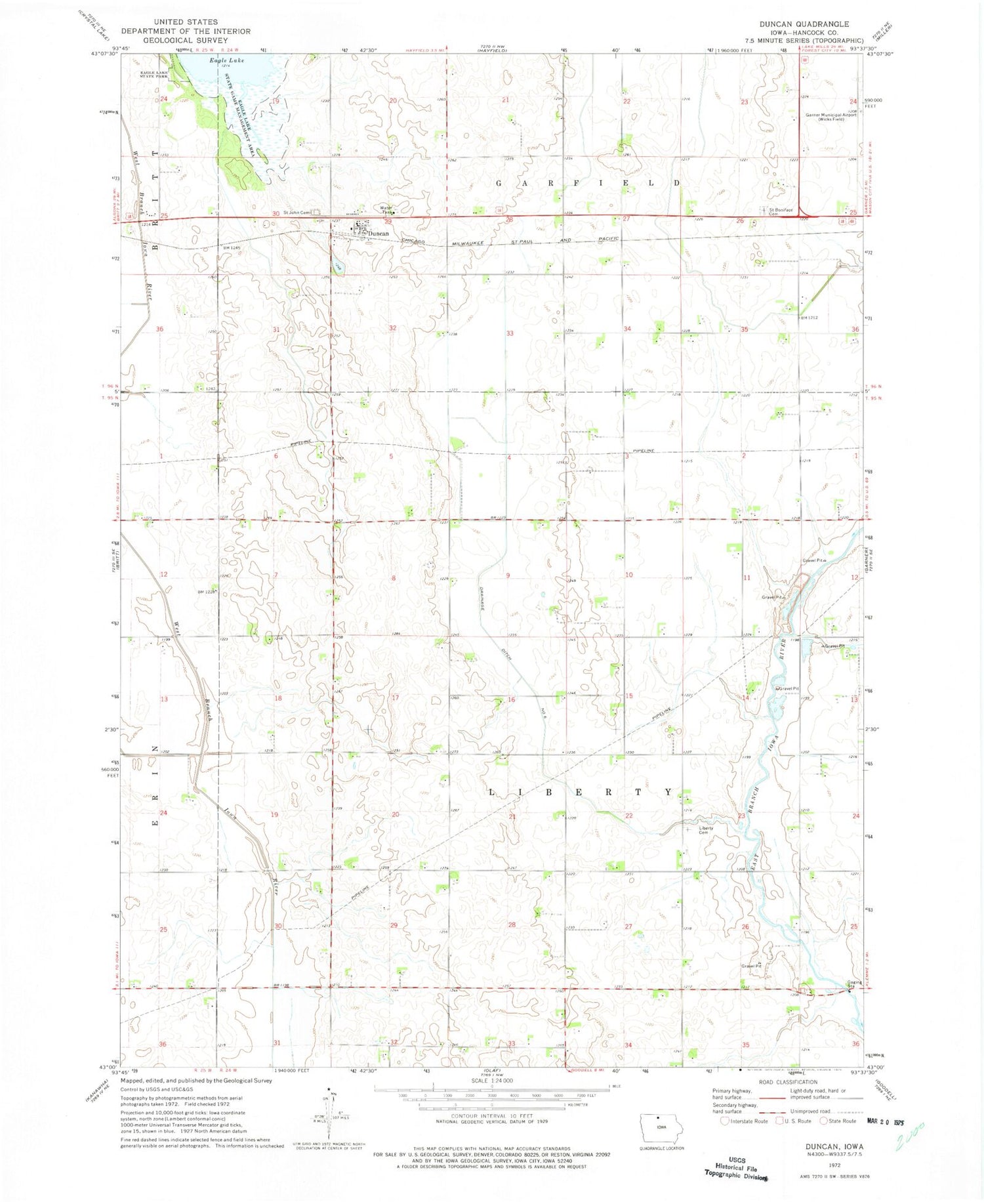 Classic USGS Duncan Iowa 7.5'x7.5' Topo Map Image