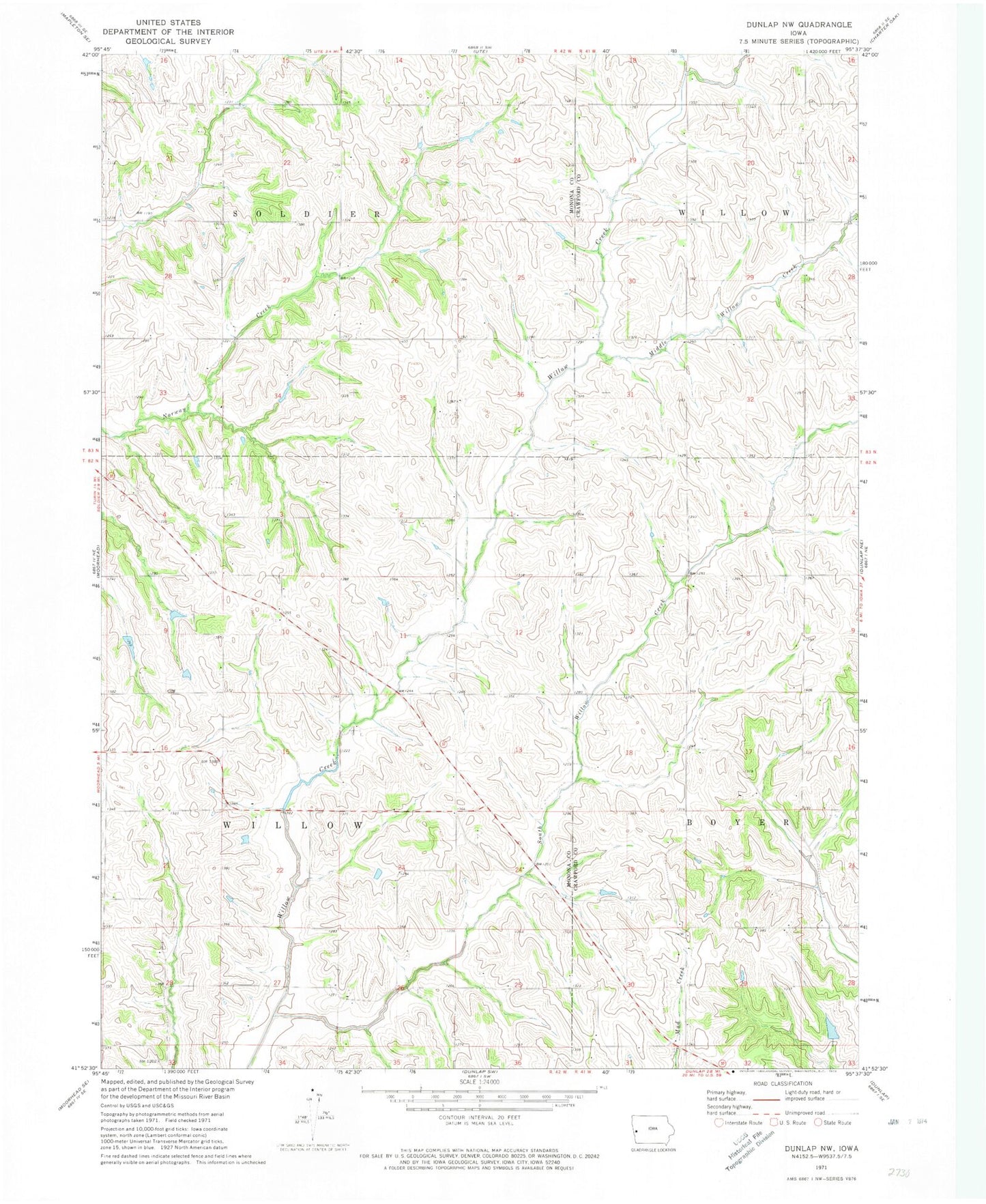 Classic USGS Dunlap NW Iowa 7.5'x7.5' Topo Map Image