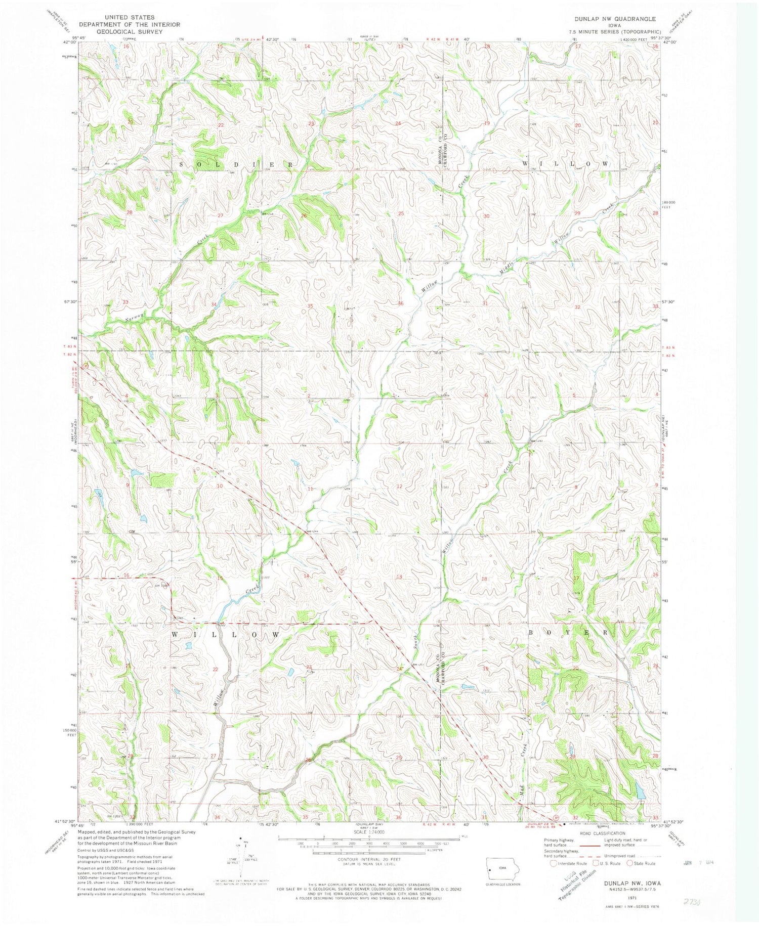 Classic USGS Dunlap NW Iowa 7.5'x7.5' Topo Map Image