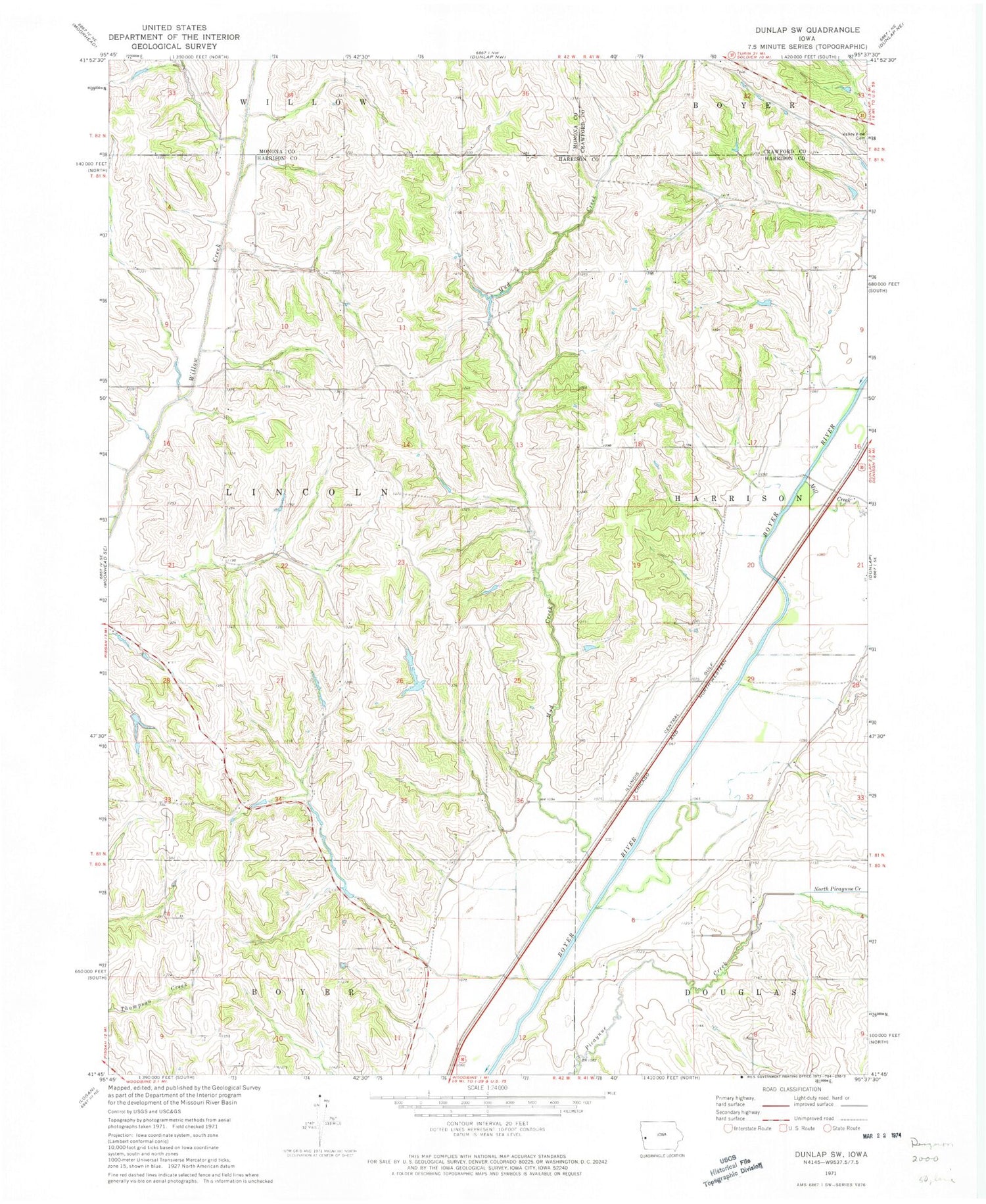 Classic USGS Dunlap SW Iowa 7.5'x7.5' Topo Map Image