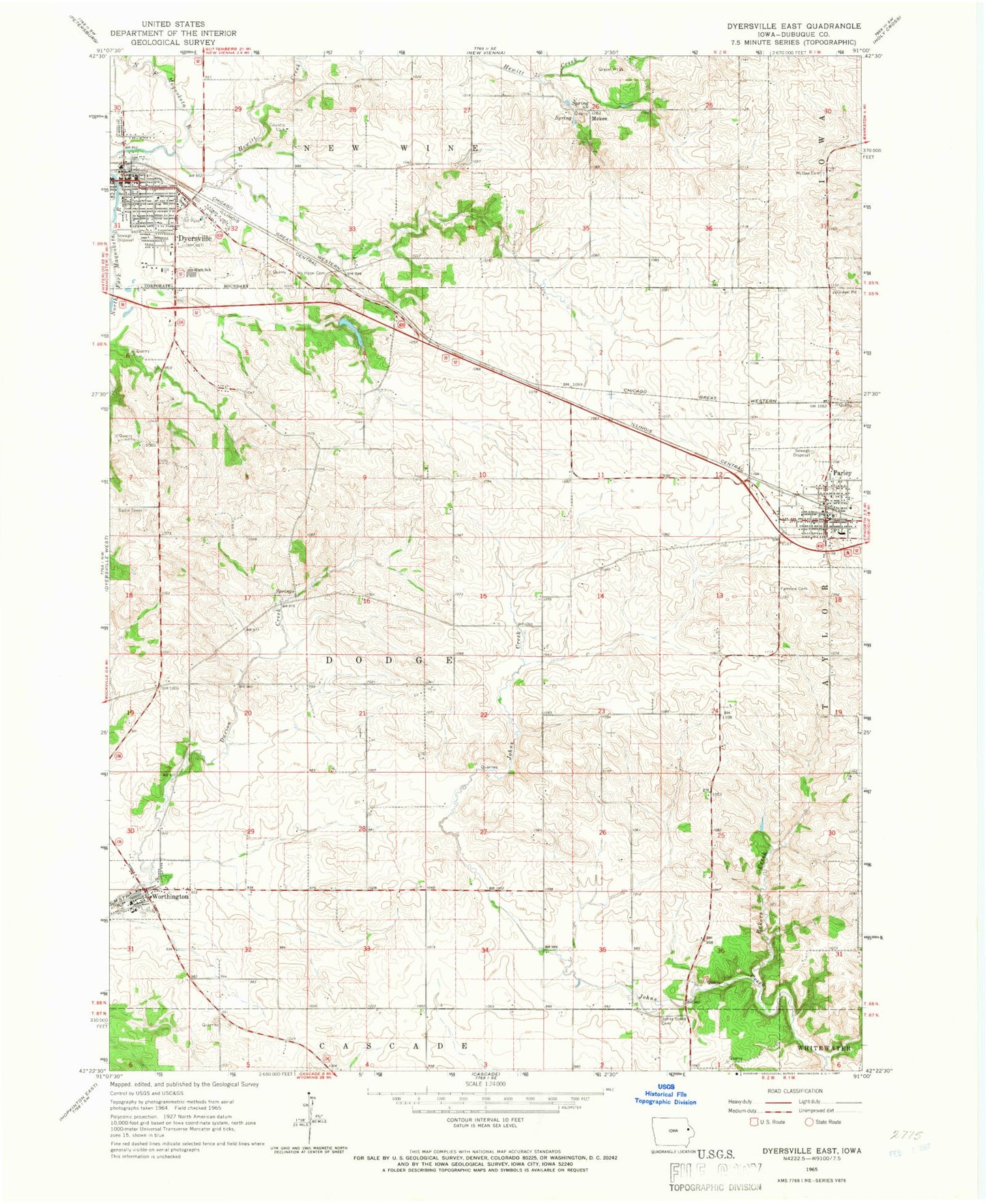 Classic USGS Dyersville East Iowa 7.5'x7.5' Topo Map Image
