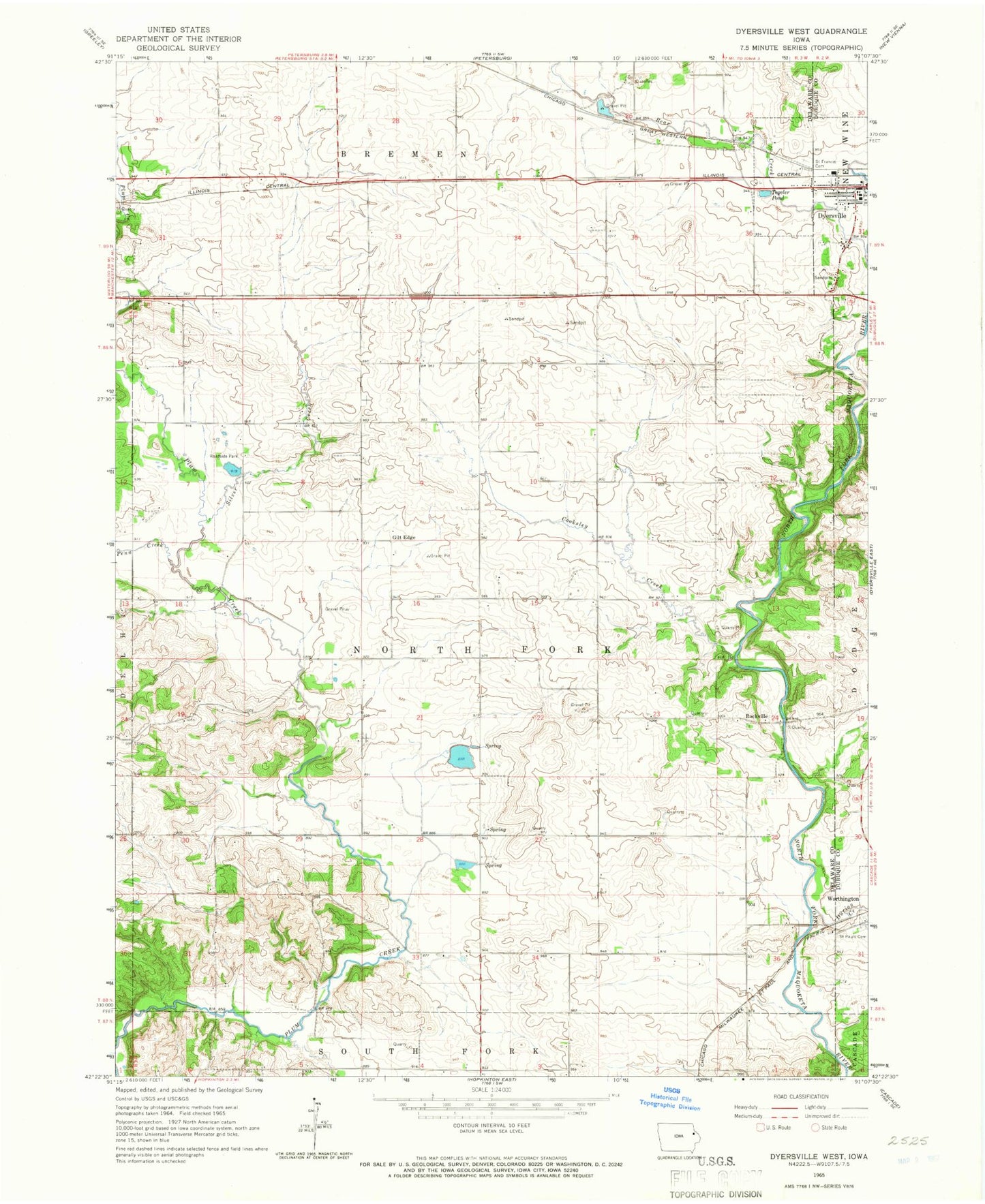 Classic USGS Dyersville West Iowa 7.5'x7.5' Topo Map Image