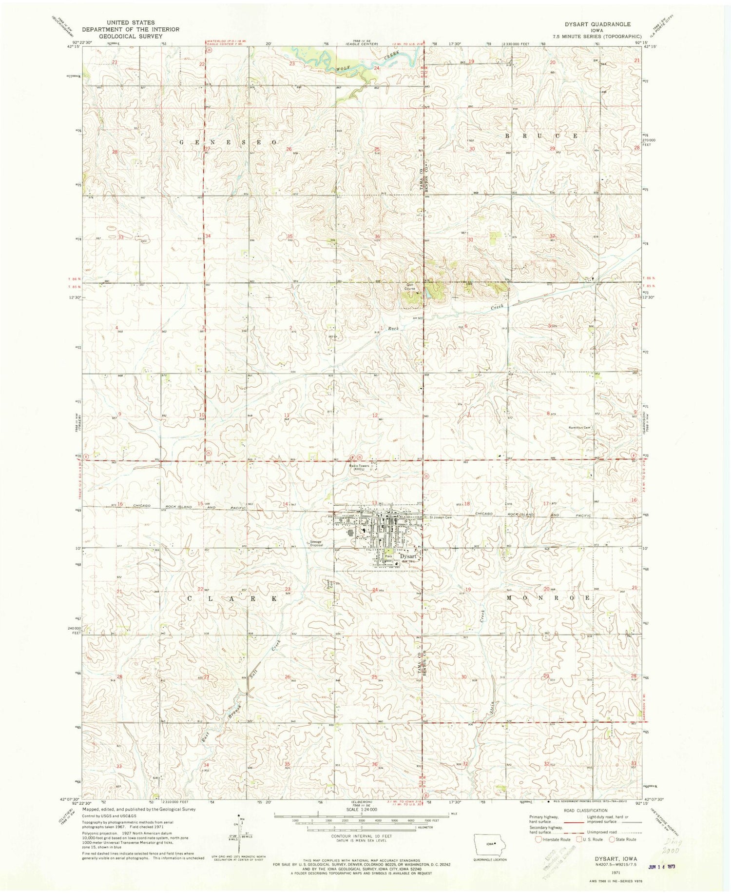 Classic USGS Dysart Iowa 7.5'x7.5' Topo Map Image
