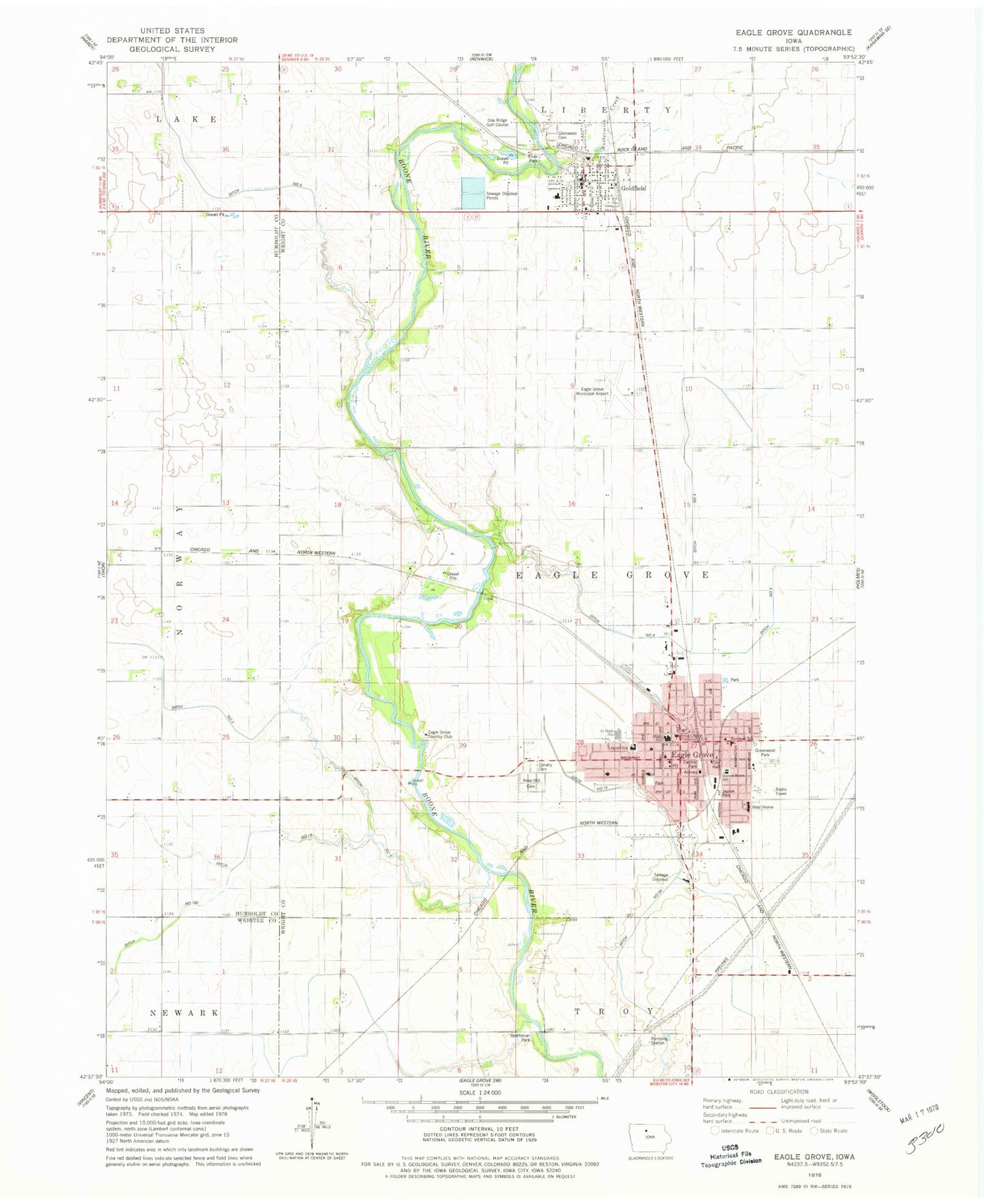 Classic USGS Eagle Grove Iowa 7.5'x7.5' Topo Map Image