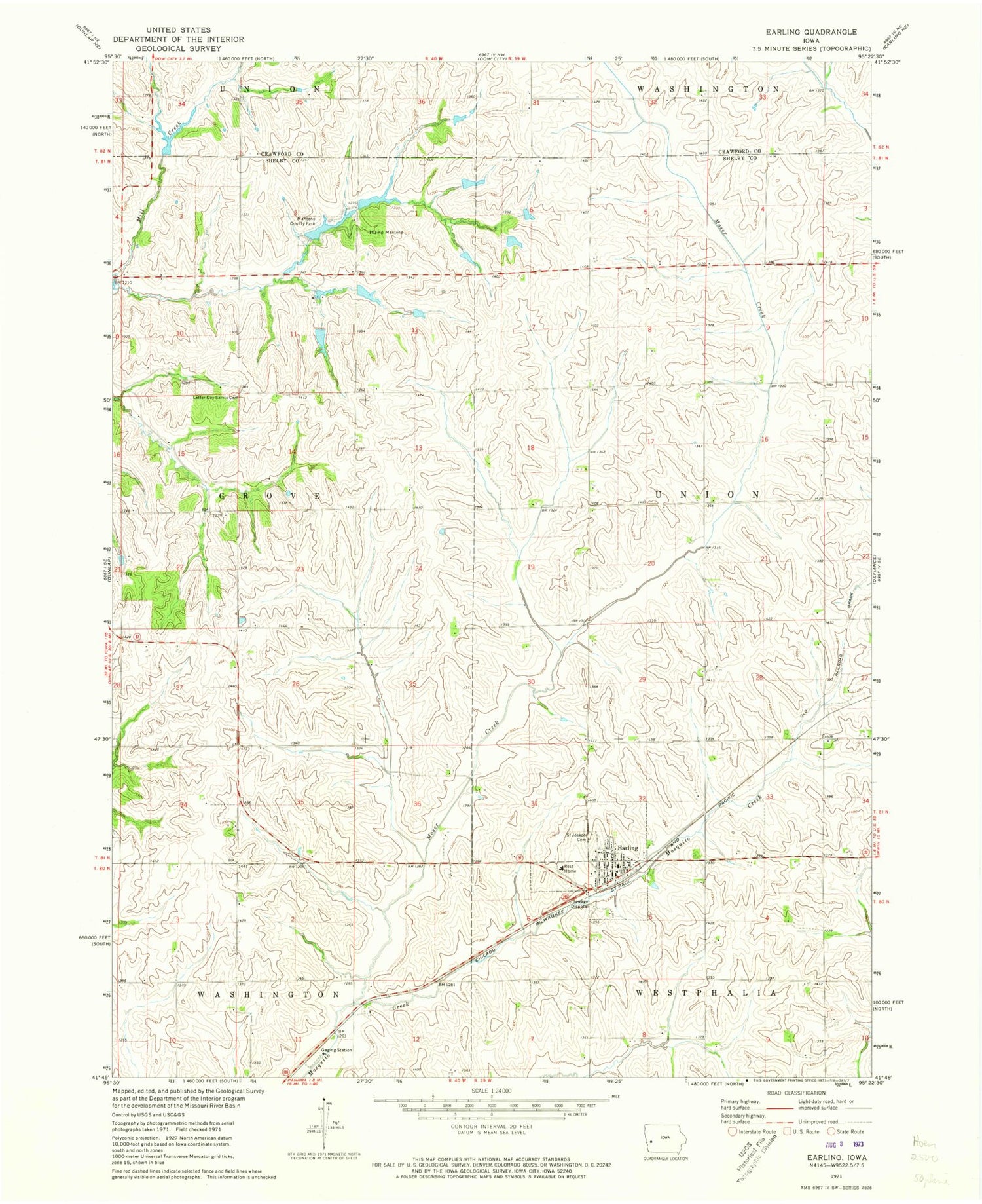 Classic USGS Earling Iowa 7.5'x7.5' Topo Map Image