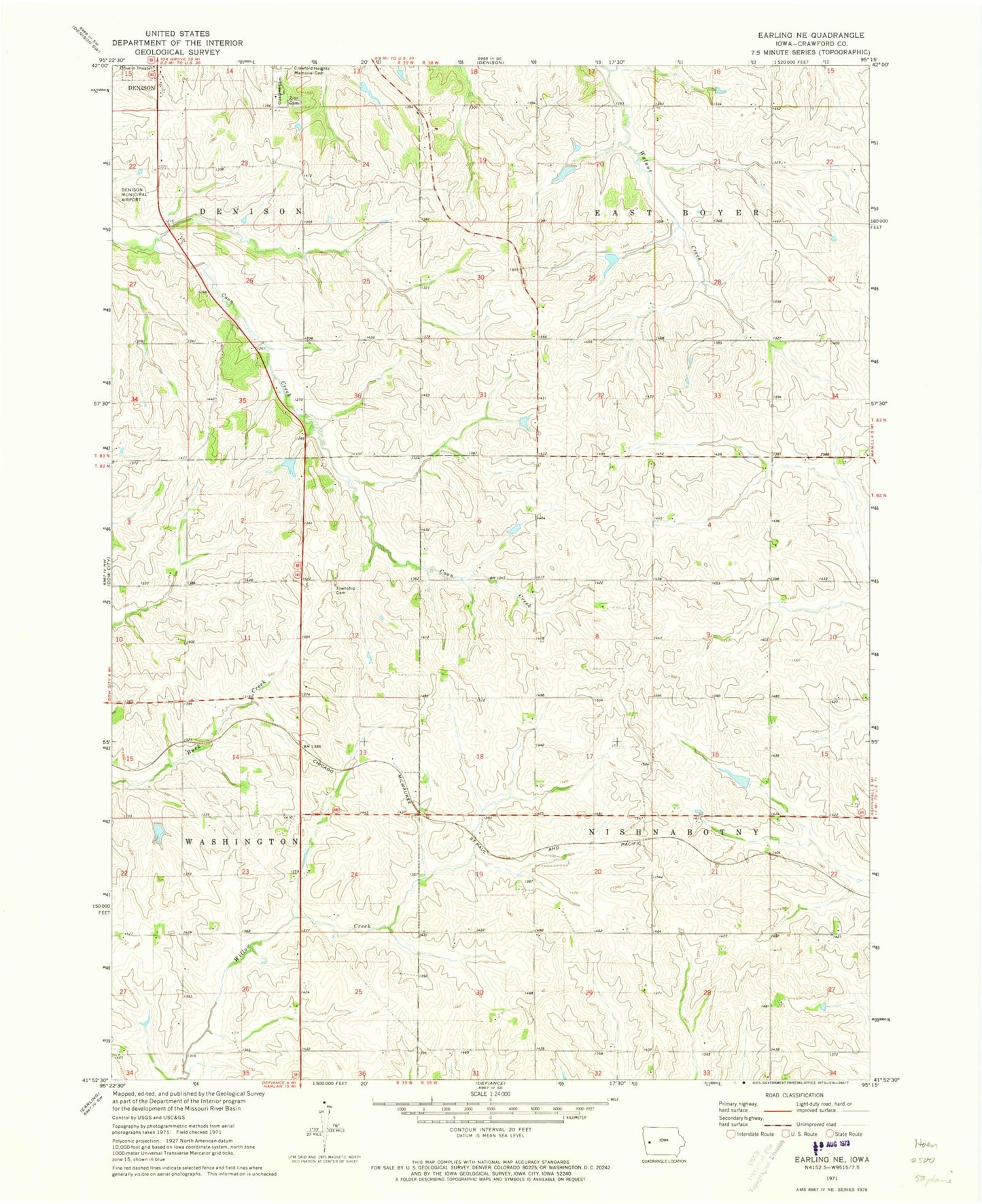 Classic USGS Earling NE Iowa 7.5'x7.5' Topo Map Image