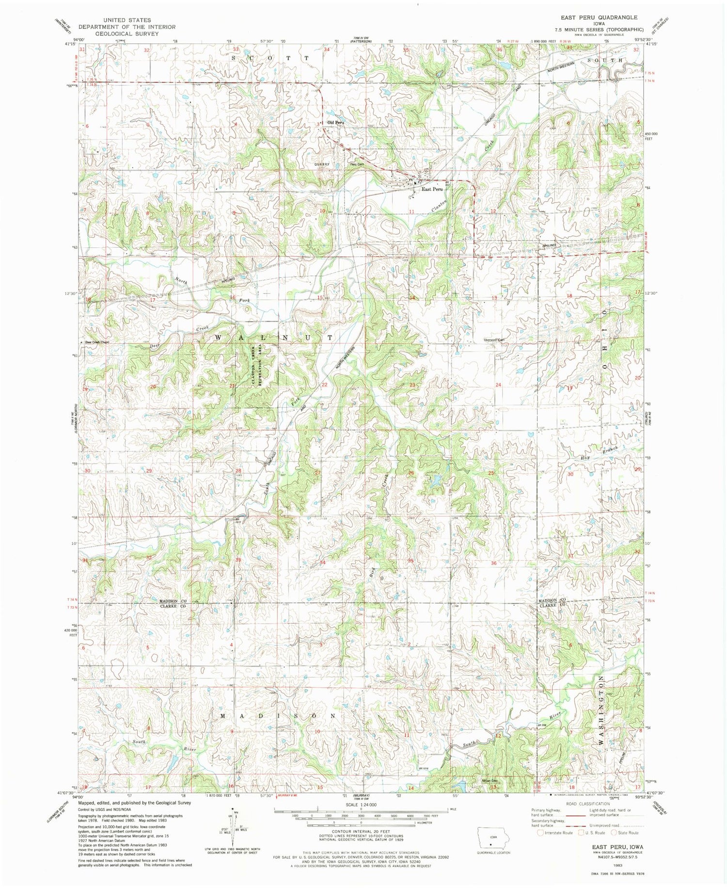 Classic USGS East Peru Iowa 7.5'x7.5' Topo Map Image