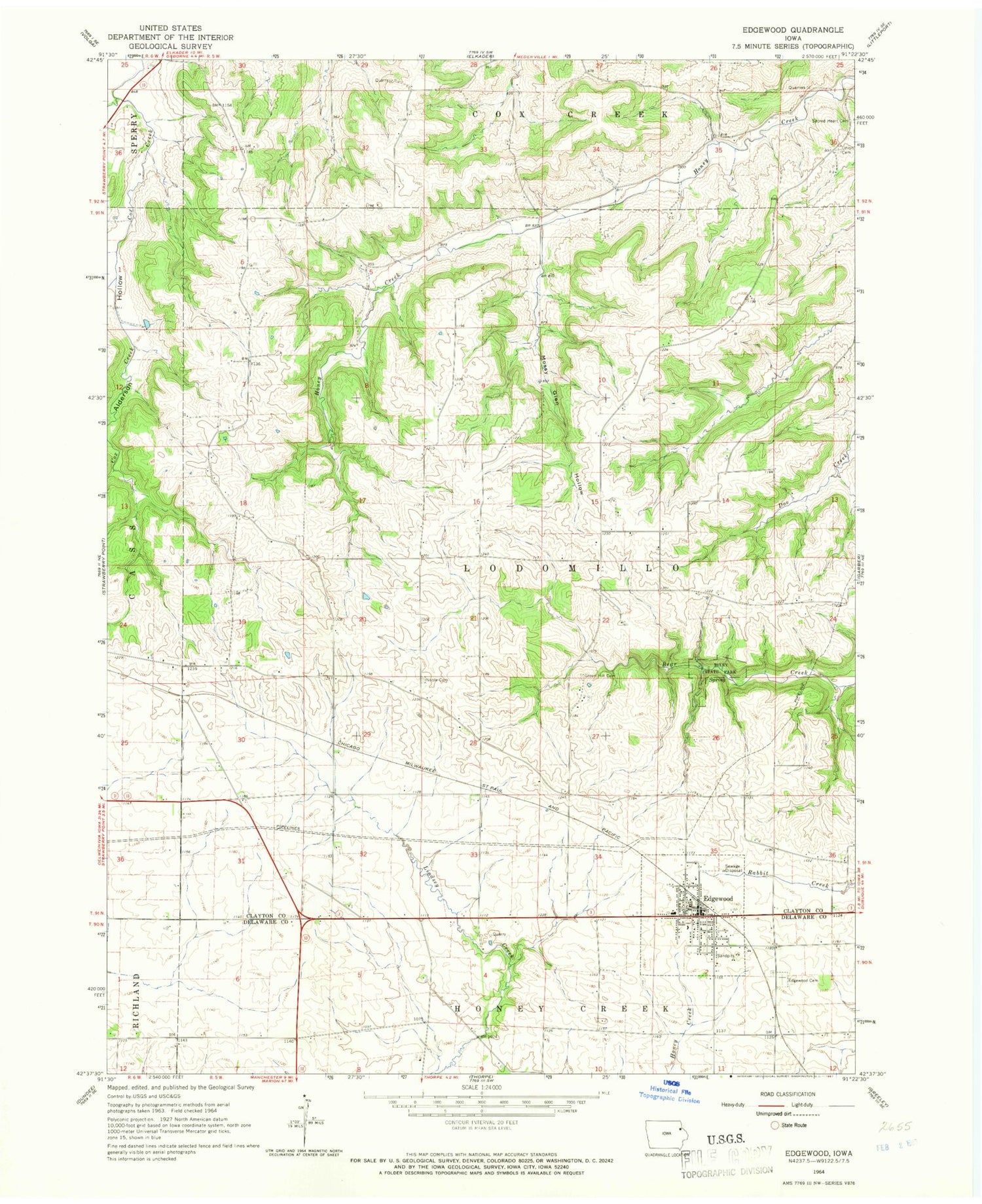 Classic USGS Edgewood Iowa 7.5'x7.5' Topo Map Image