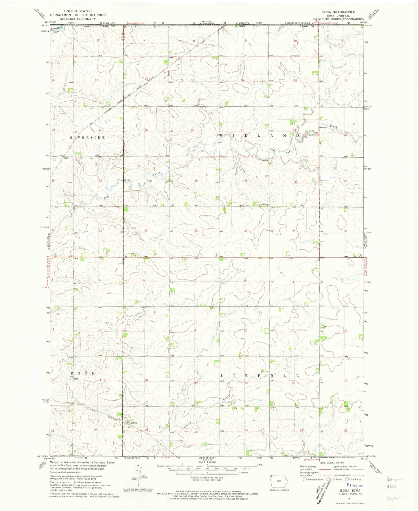 Classic USGS Edna Iowa 7.5'x7.5' Topo Map Image
