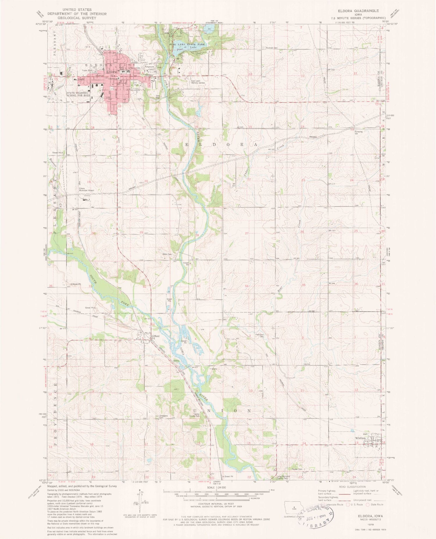 Classic USGS Eldora Iowa 7.5'x7.5' Topo Map Image
