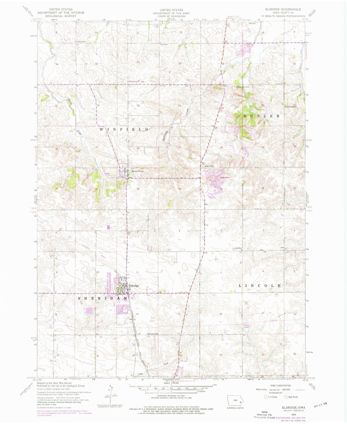 Classic USGS Eldridge Iowa 7.5'x7.5' Topo Map Image