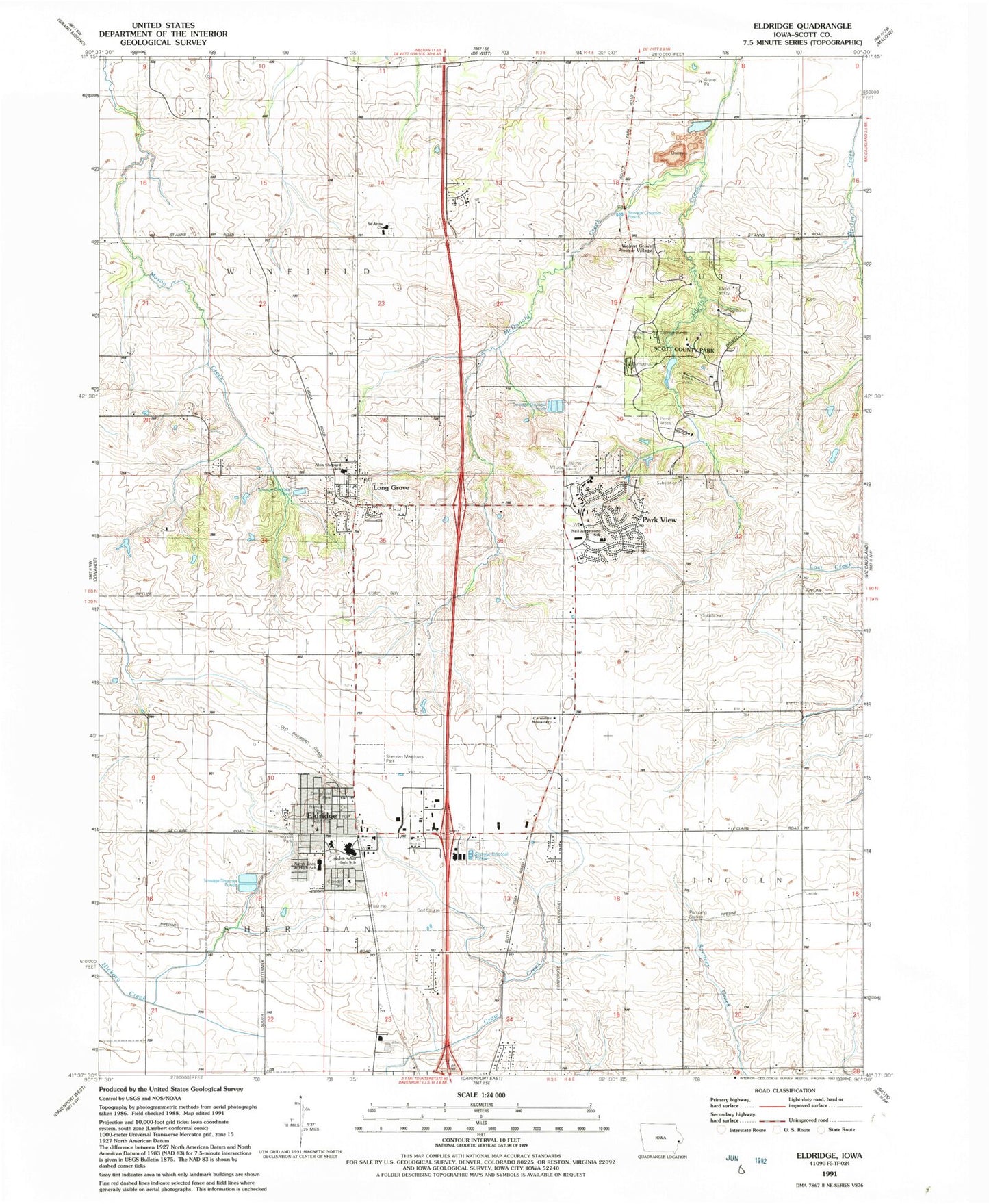 Classic USGS Eldridge Iowa 7.5'x7.5' Topo Map Image