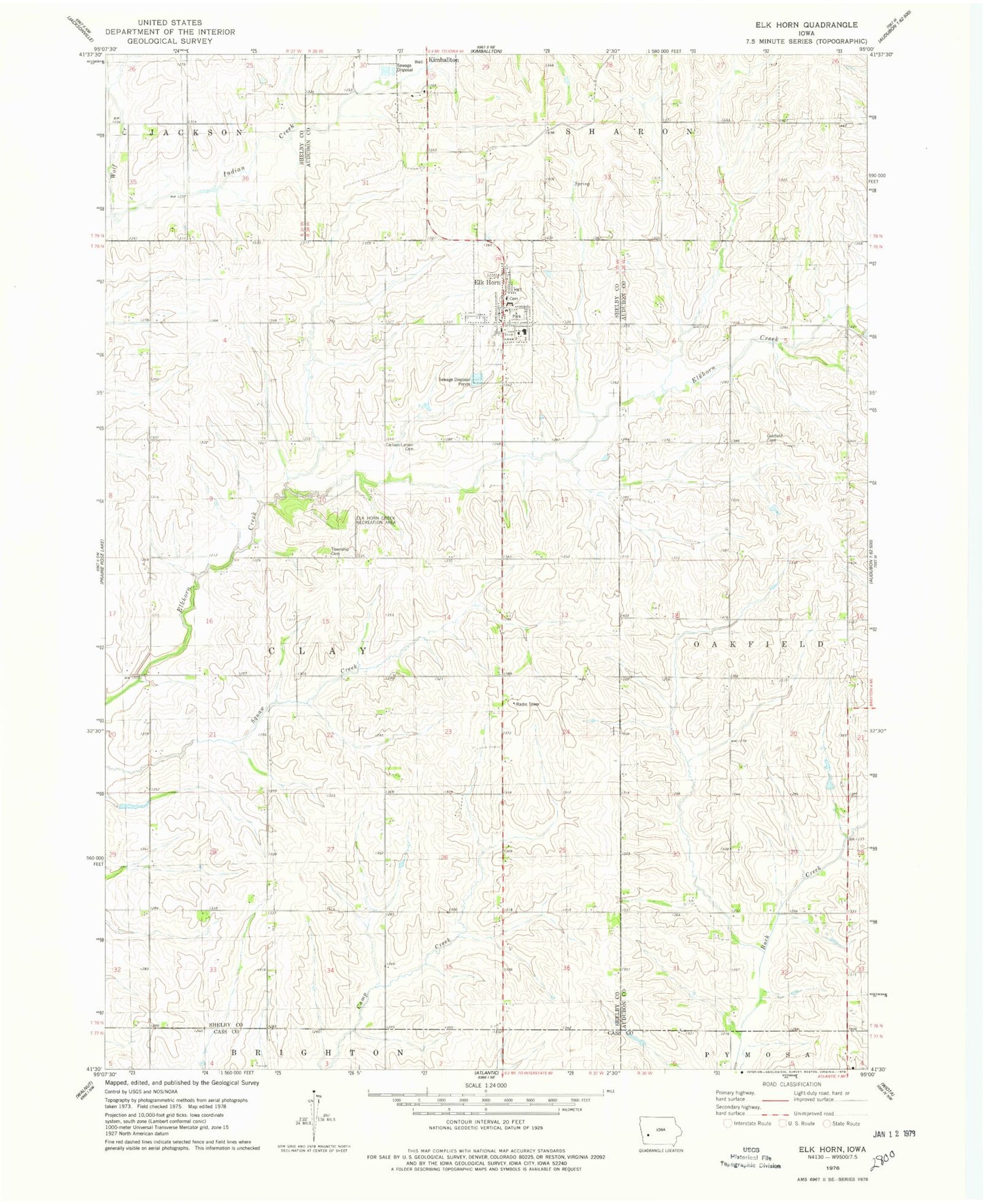 Classic USGS Elk Horn Iowa 7.5'x7.5' Topo Map Image