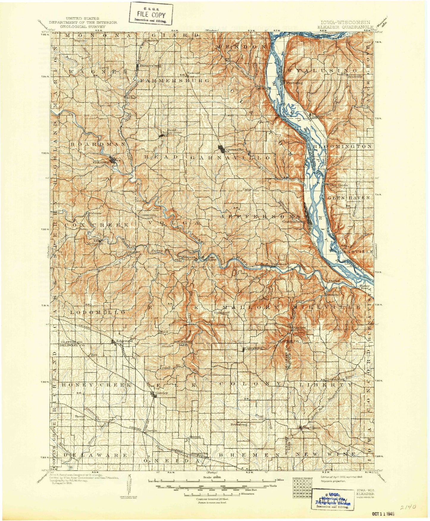 Historic 1902 Elkader Iowa 30'x30' Topo Map Image