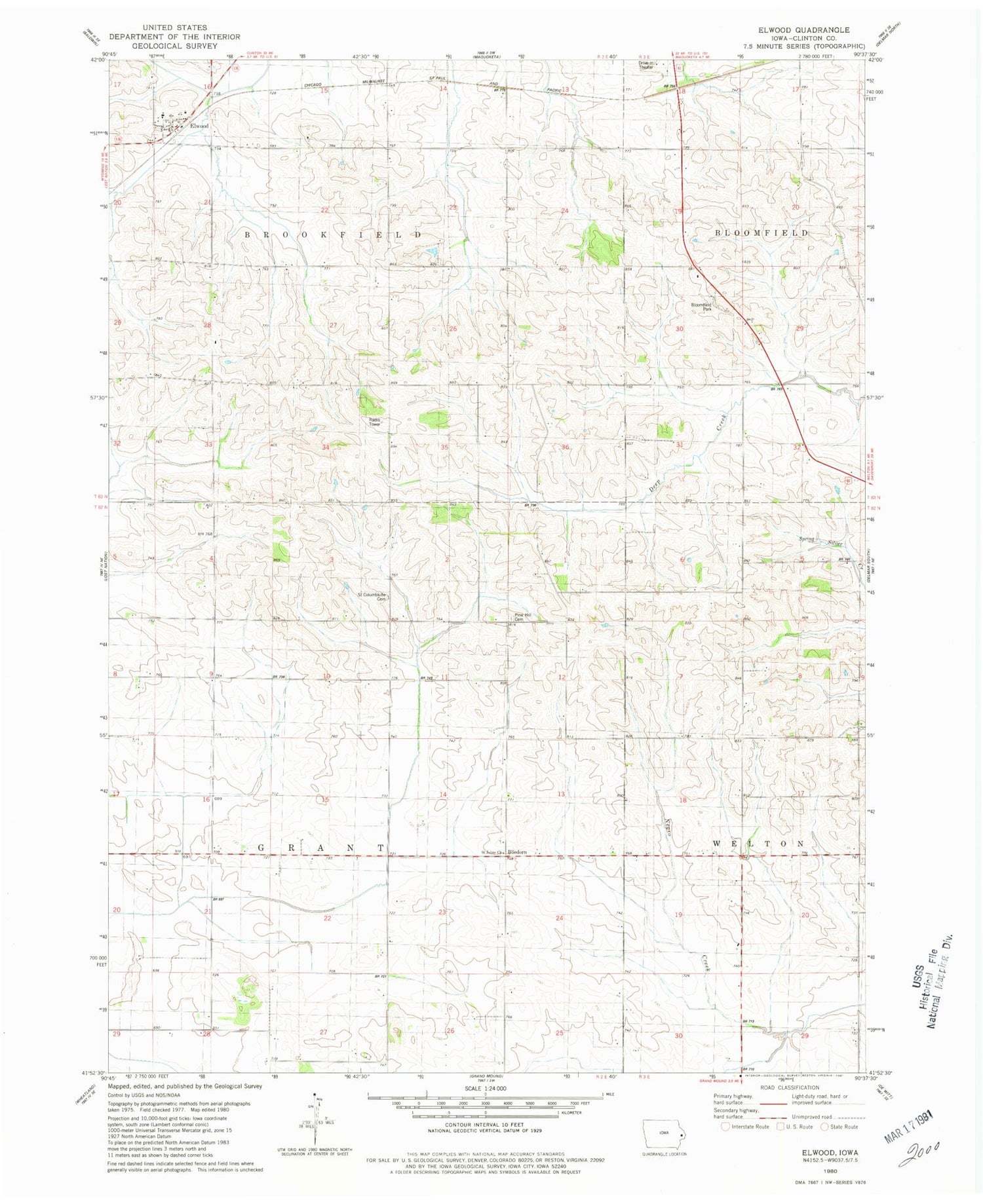 Classic USGS Elwood Iowa 7.5'x7.5' Topo Map Image