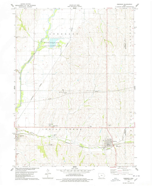 Classic USGS Emerson Iowa 7.5'x7.5' Topo Map Image