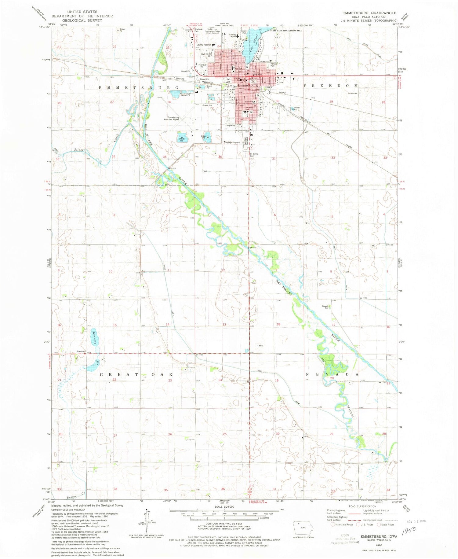 Classic USGS Emmetsburg Iowa 7.5'x7.5' Topo Map Image