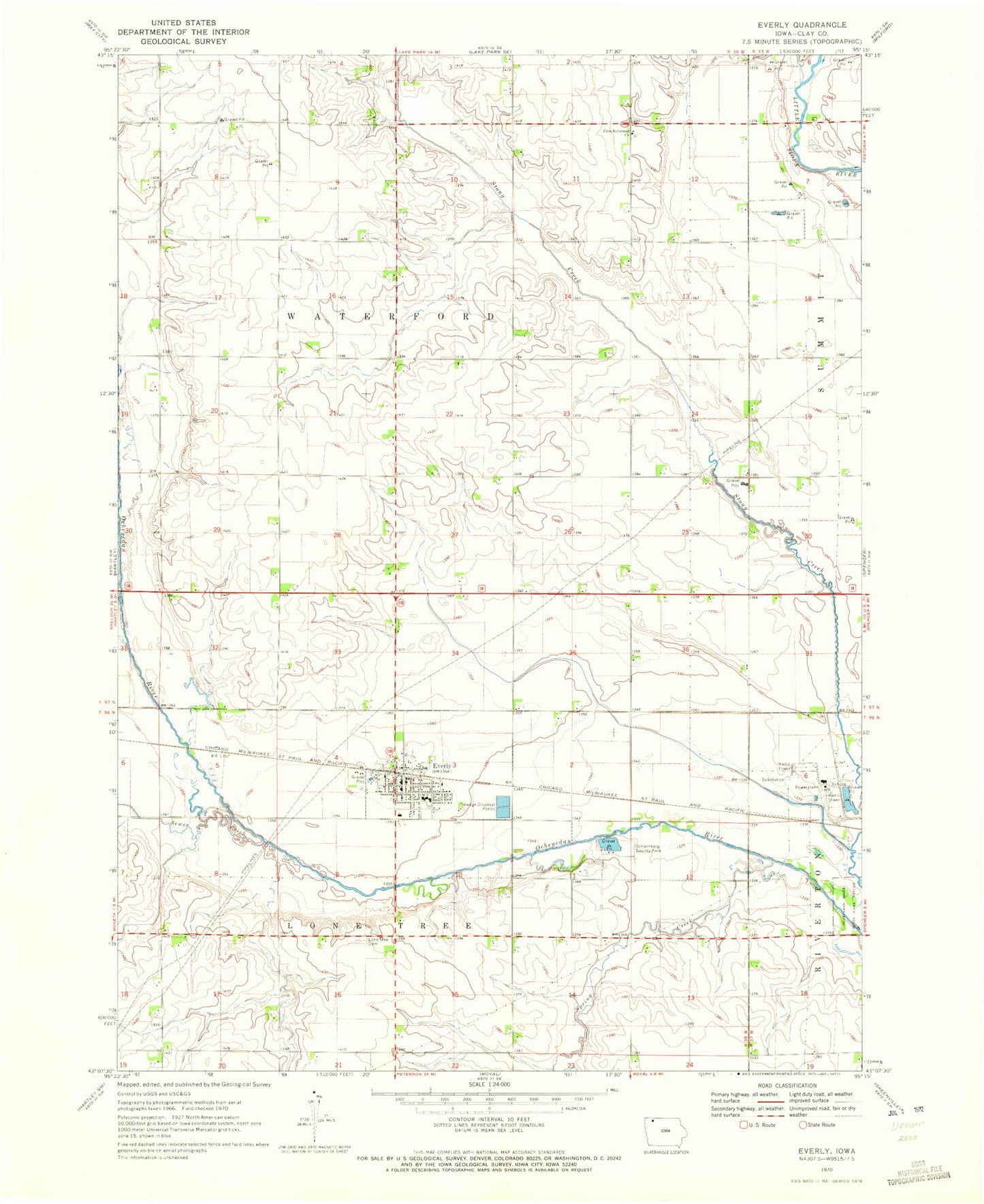 Classic USGS Everly Iowa 7.5'x7.5' Topo Map Image