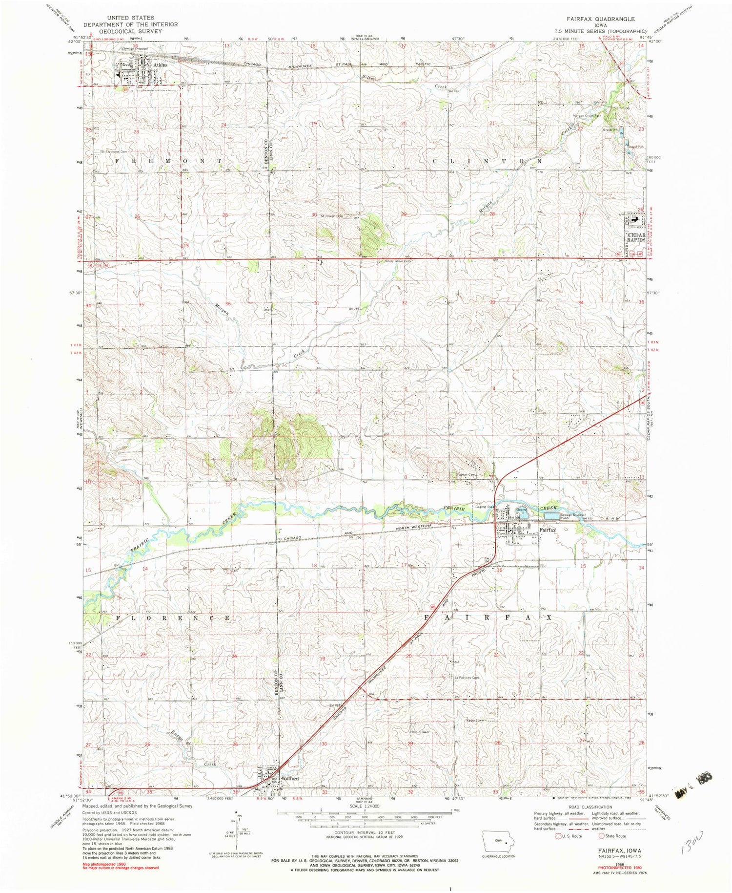 Classic USGS Fairfax Iowa 7.5'x7.5' Topo Map Image
