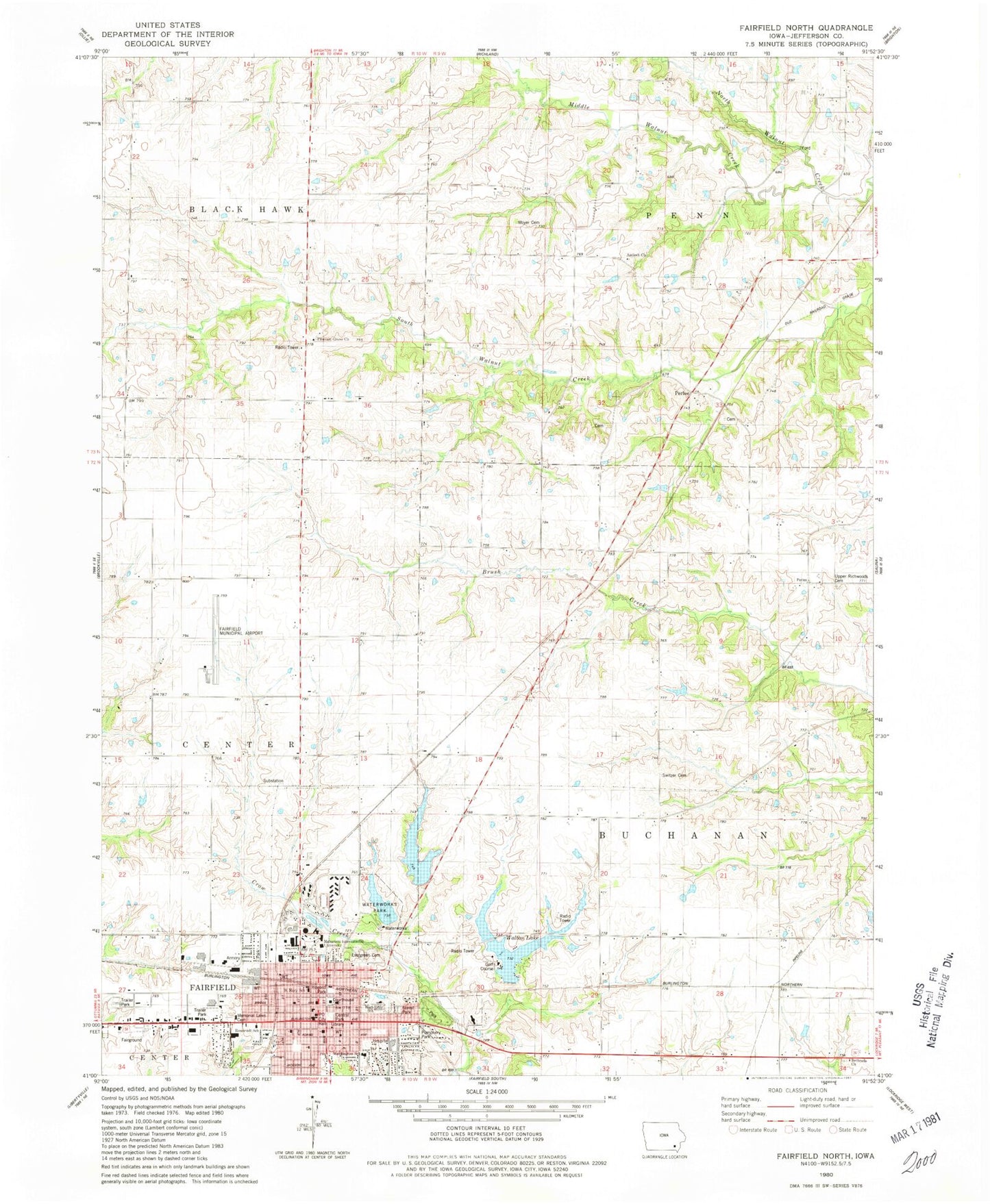 Classic USGS Fairfield North Iowa 7.5'x7.5' Topo Map Image