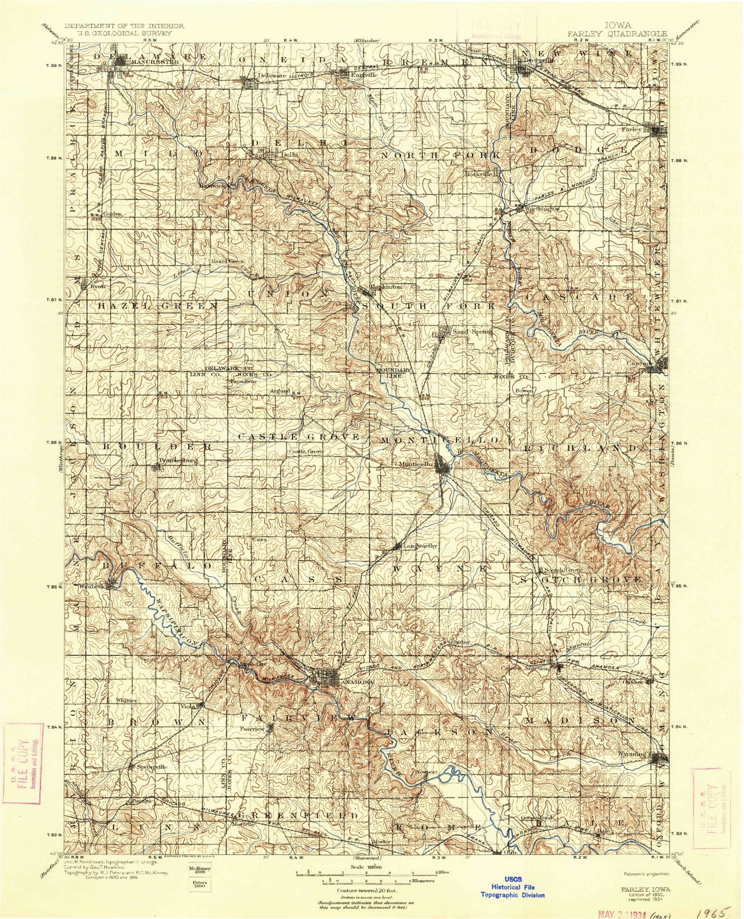 Historic 1900 Farley Iowa 30'x30' Topo Map Image