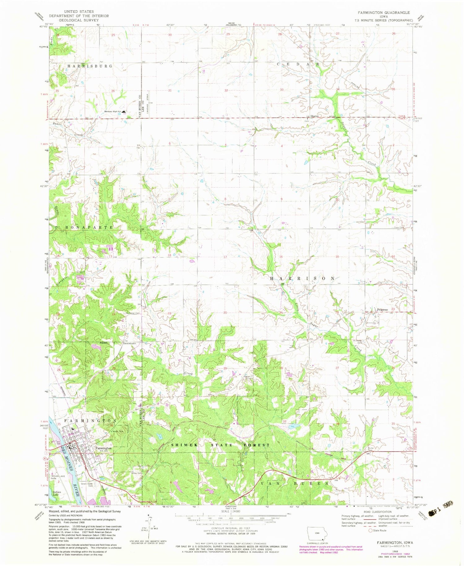 Classic USGS Farmington Iowa 7.5'x7.5' Topo Map Image