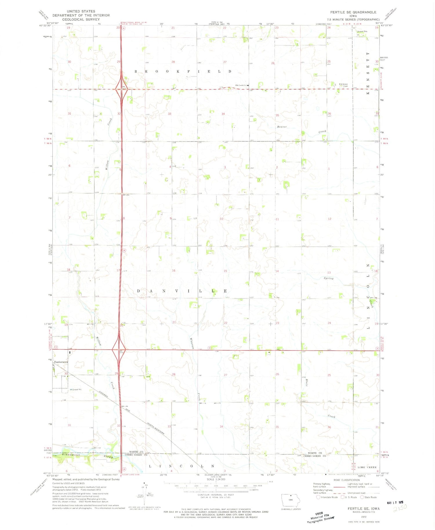 Classic USGS Fertile SE Iowa 7.5'x7.5' Topo Map Image