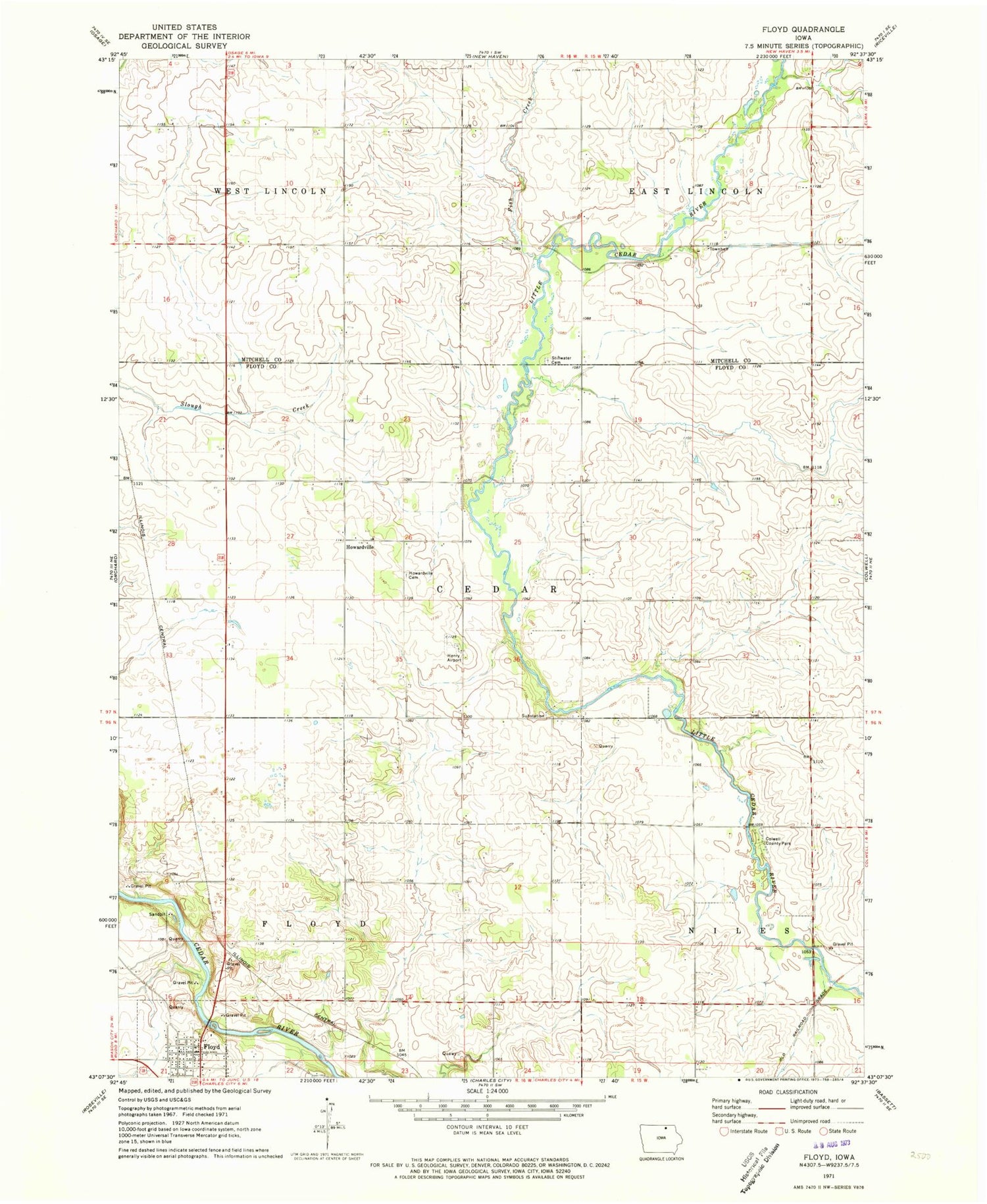 Classic USGS Floyd Iowa 7.5'x7.5' Topo Map Image