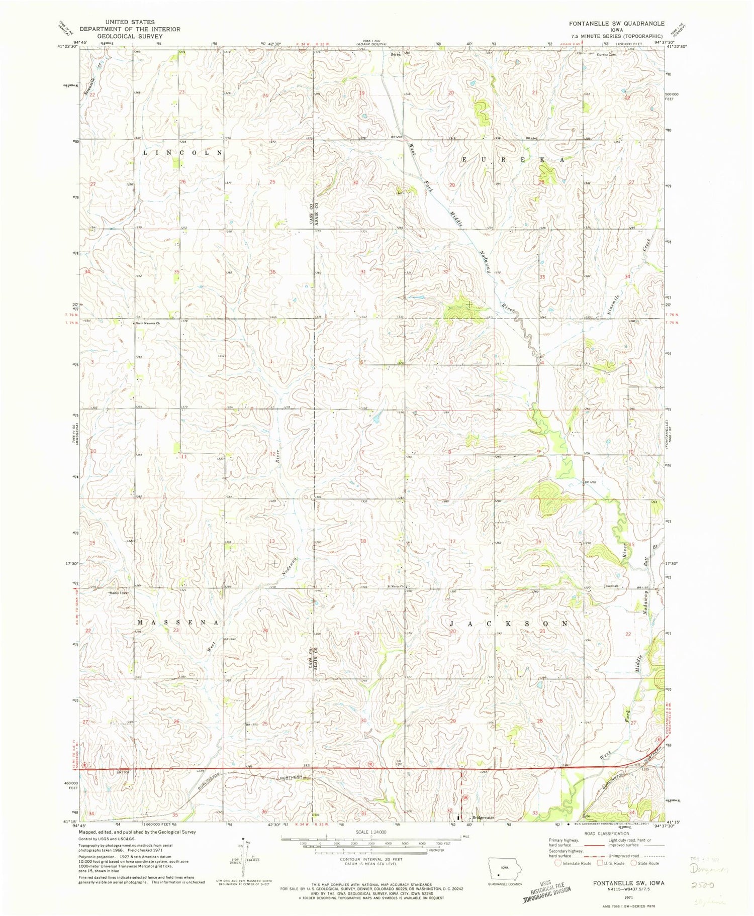 Classic USGS Fontanelle SW Iowa 7.5'x7.5' Topo Map Image