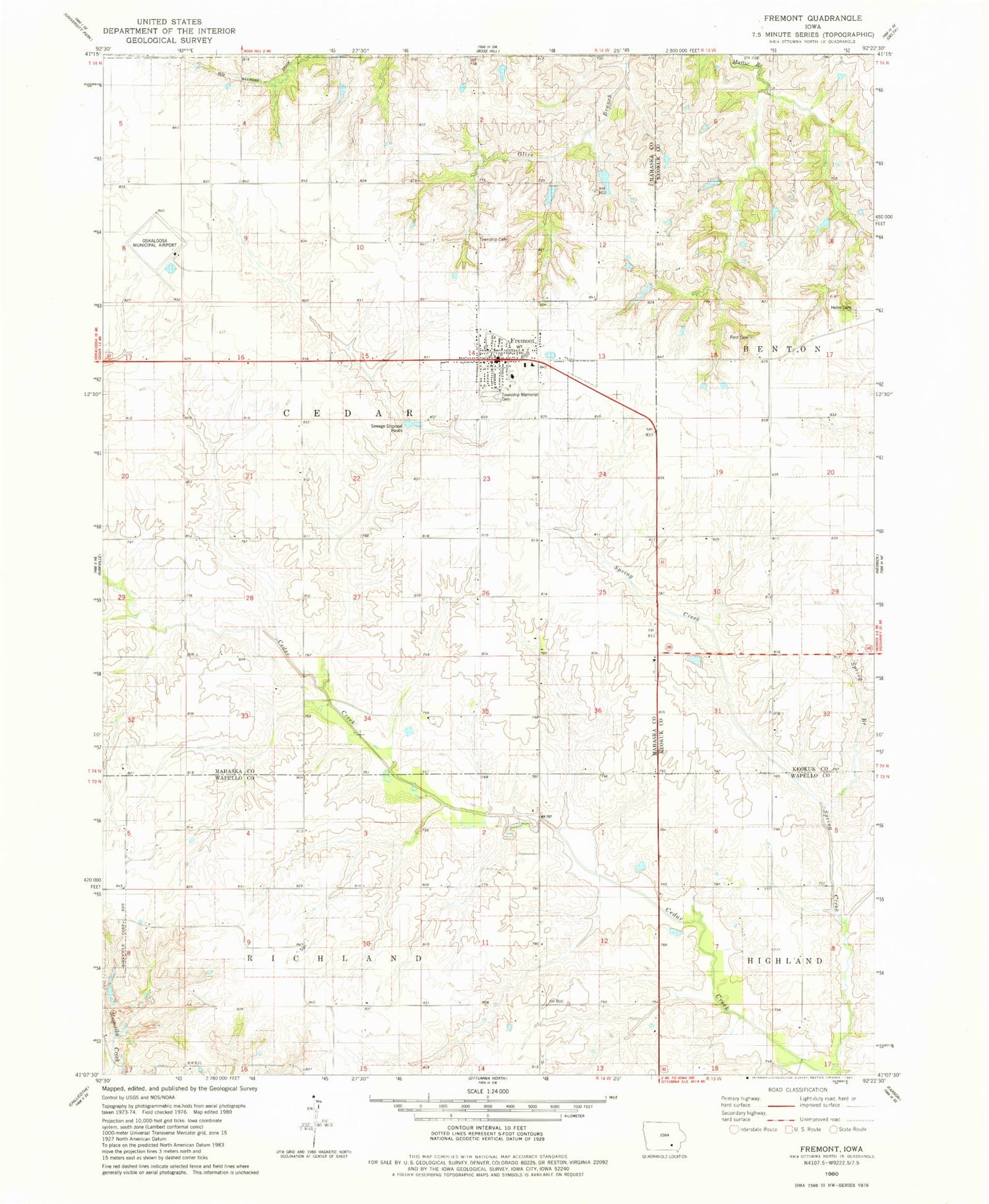 Classic USGS Fremont Iowa 7.5'x7.5' Topo Map Image