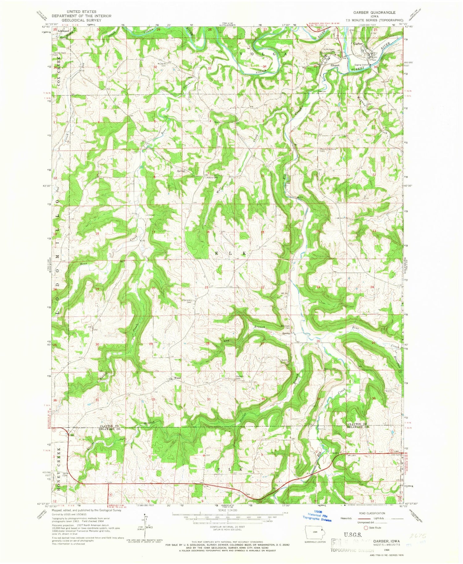 Classic USGS Garber Iowa 7.5'x7.5' Topo Map Image