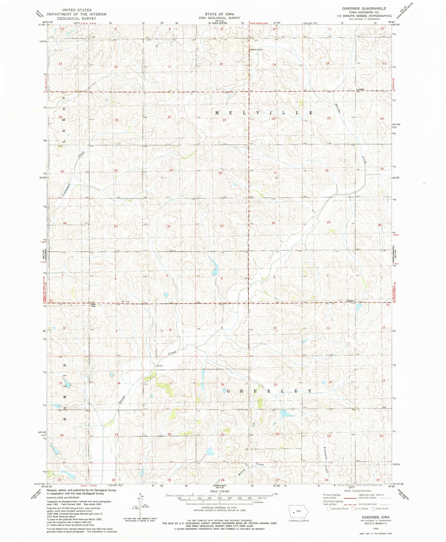 Classic USGS Gardner Iowa 7.5'x7.5' Topo Map Image
