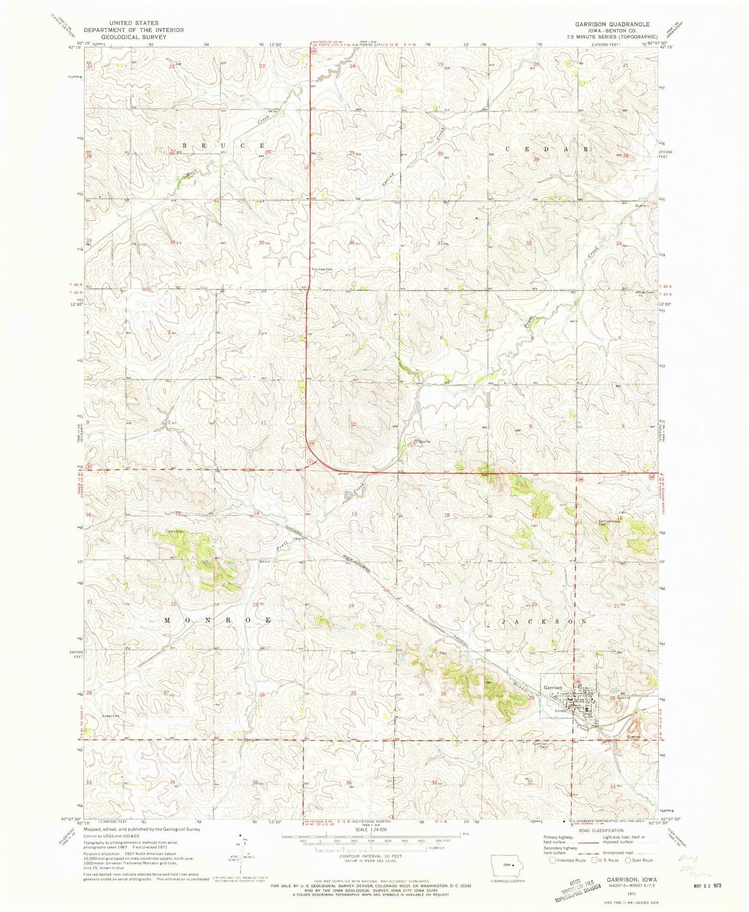 Classic USGS Garrison Iowa 7.5'x7.5' Topo Map Image