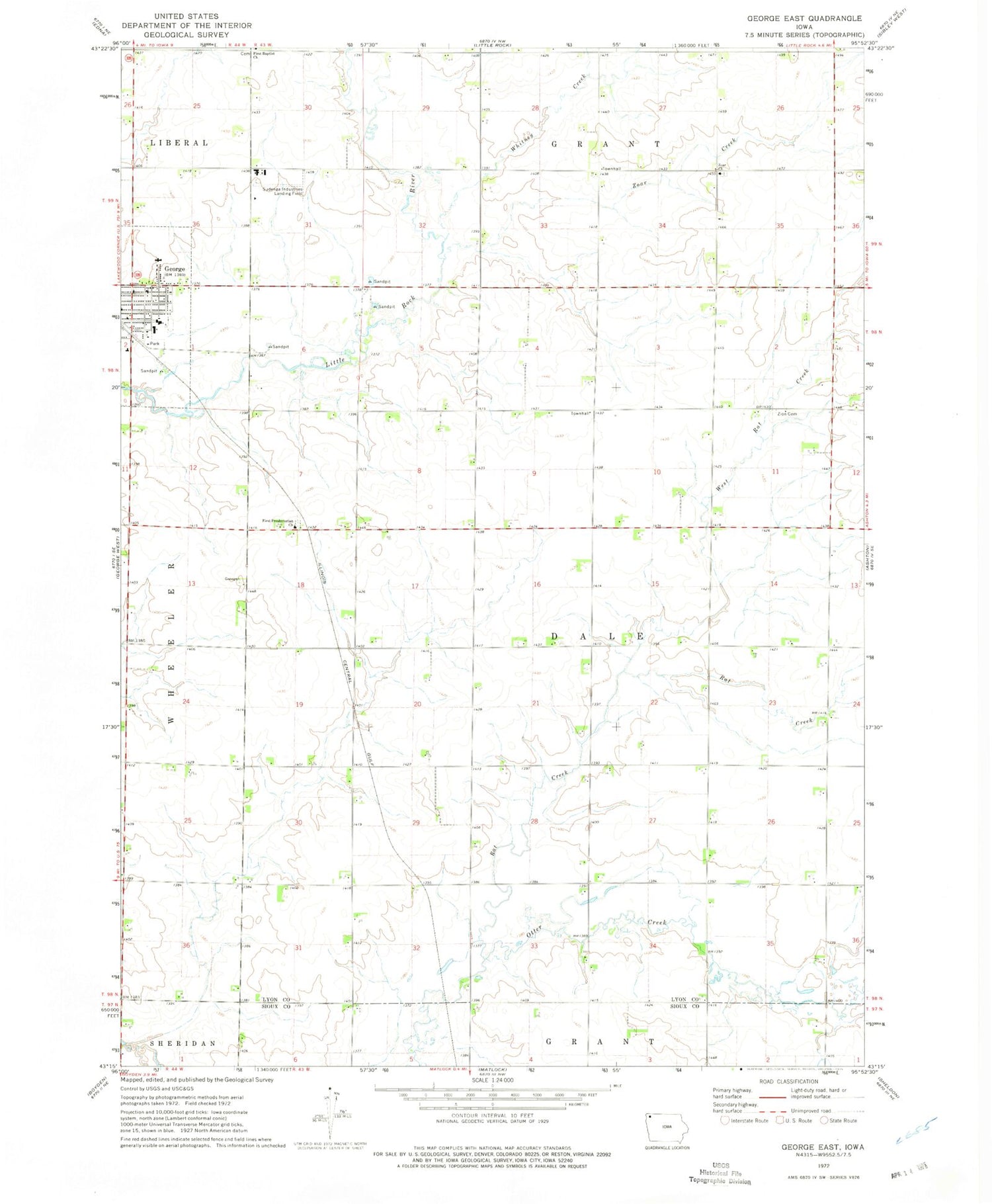 Classic USGS George East Iowa 7.5'x7.5' Topo Map Image
