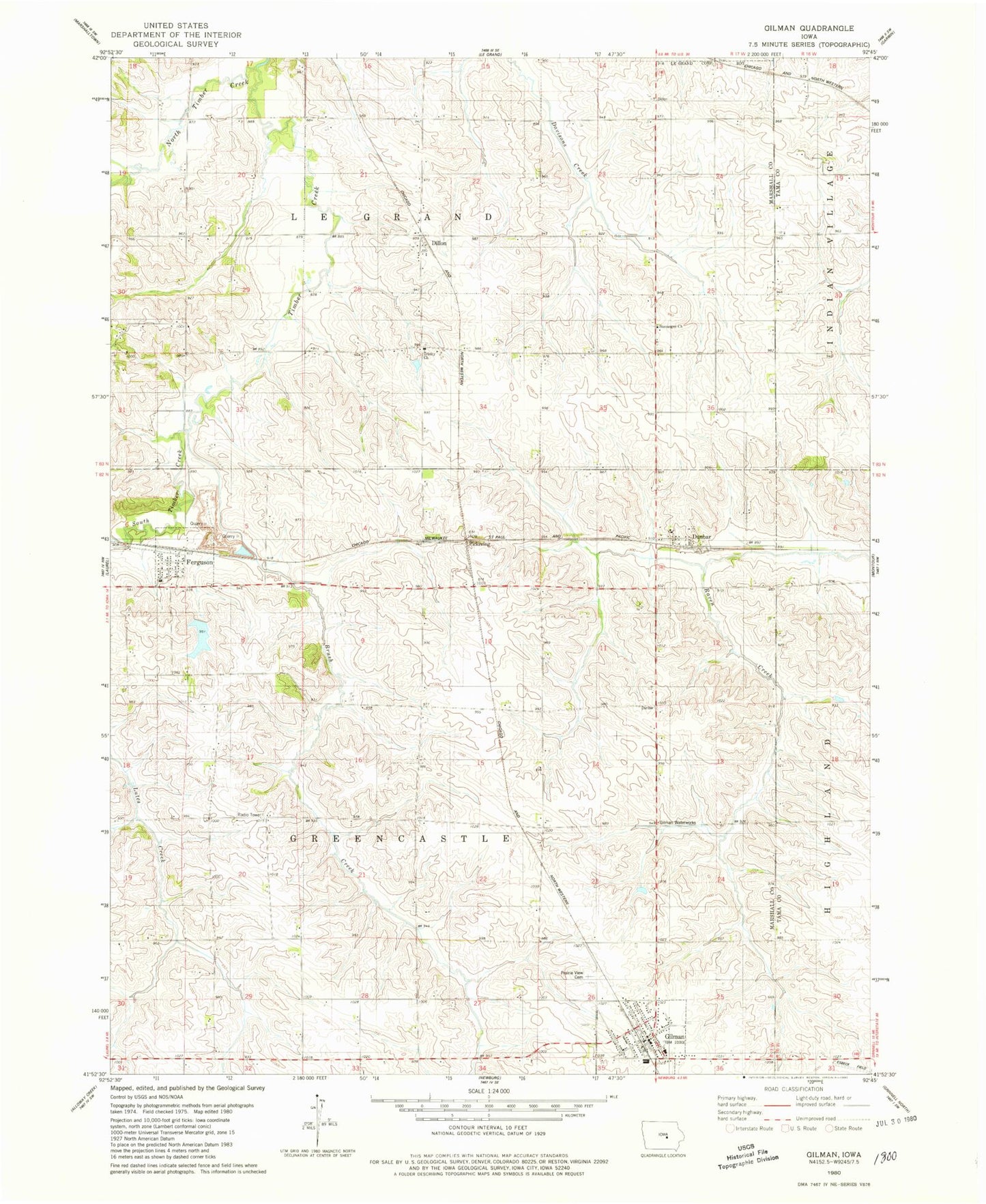 Classic USGS Gilman Iowa 7.5'x7.5' Topo Map Image