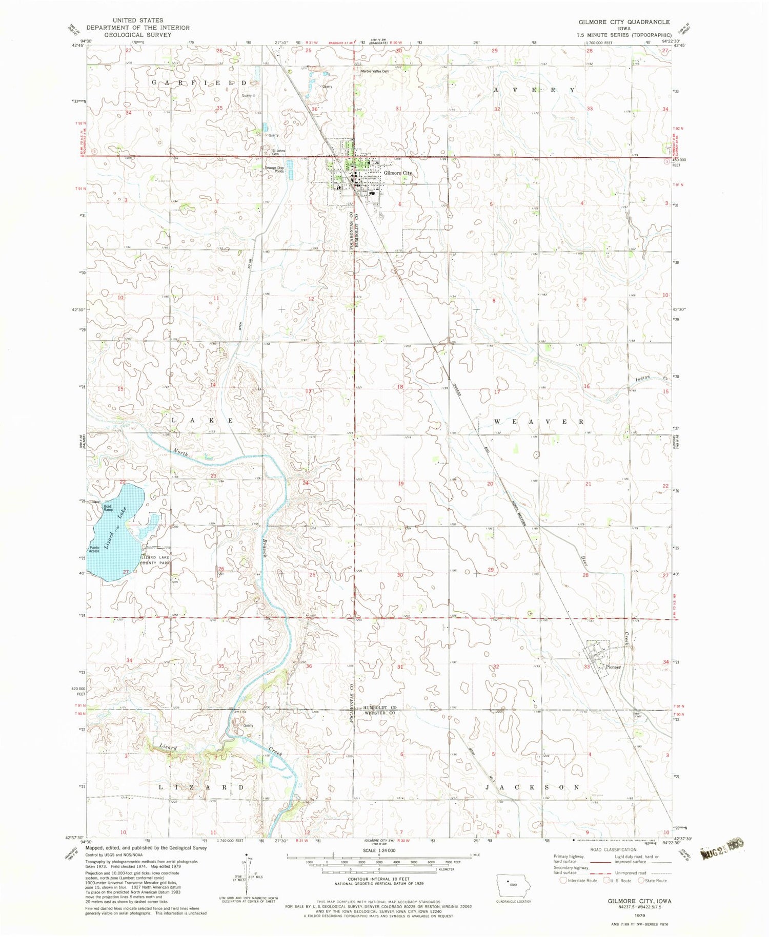 Classic USGS Gilmore City Iowa 7.5'x7.5' Topo Map Image