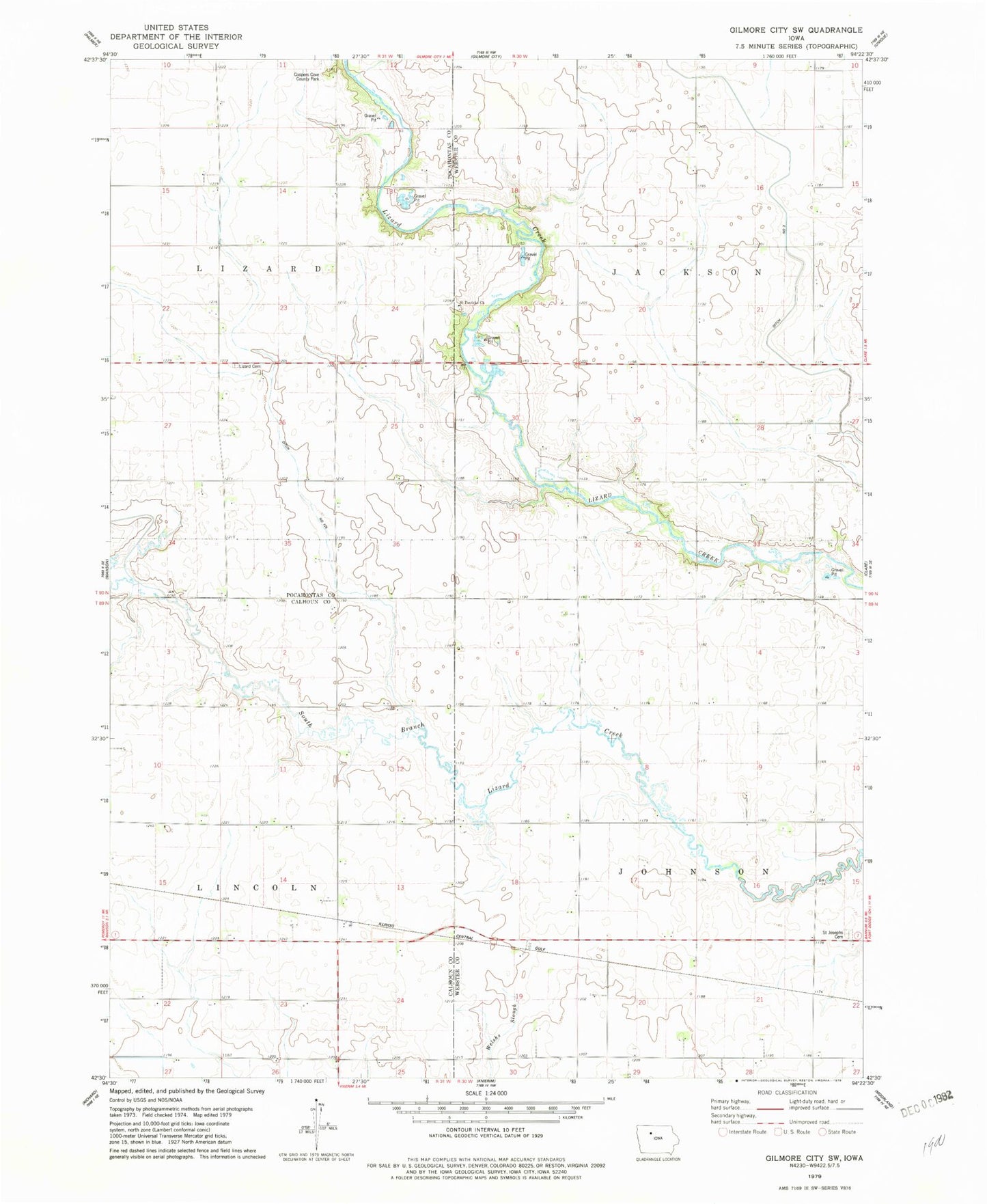 Classic USGS Gilmore City SW Iowa 7.5'x7.5' Topo Map Image