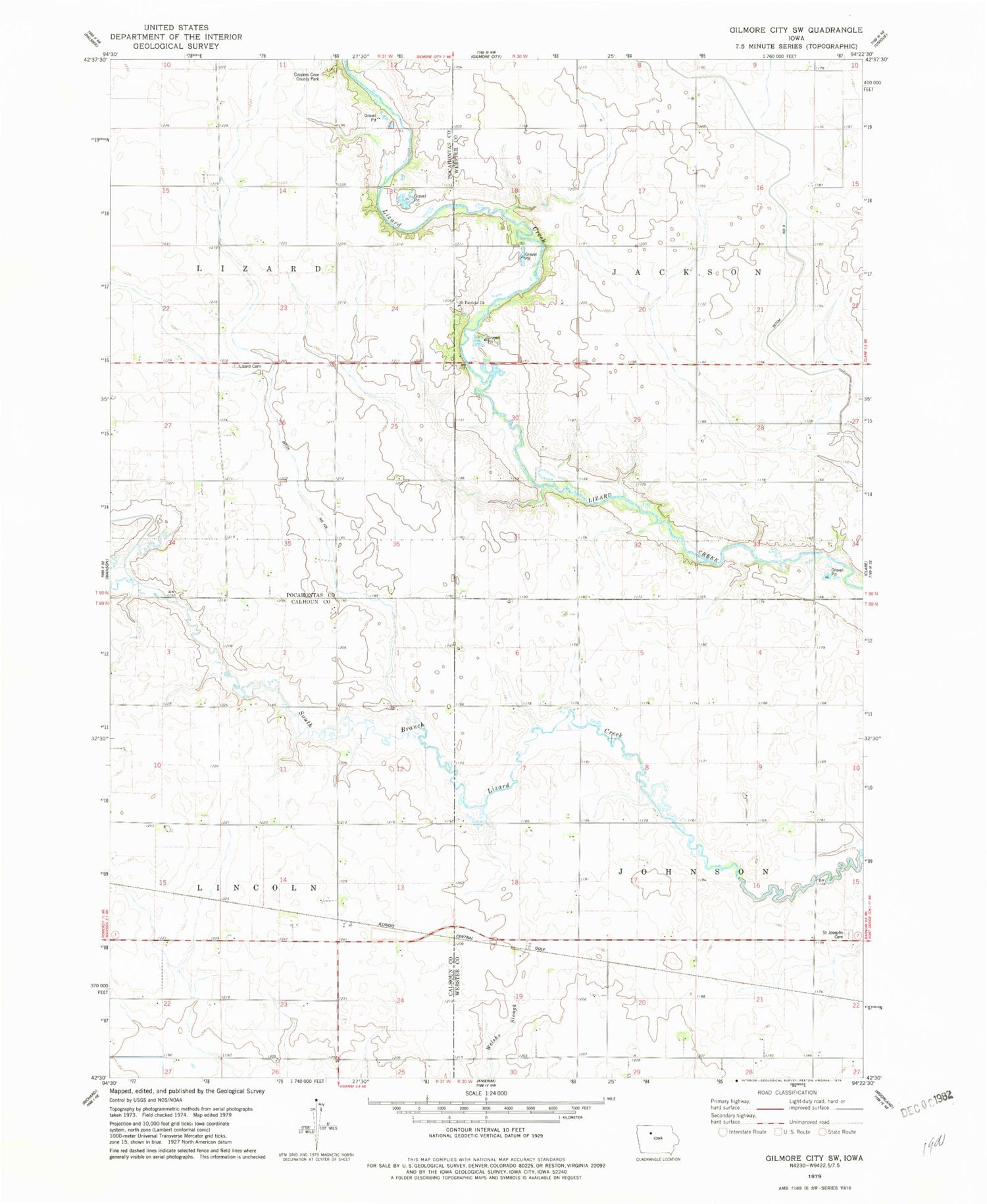 Classic USGS Gilmore City SW Iowa 7.5'x7.5' Topo Map Image