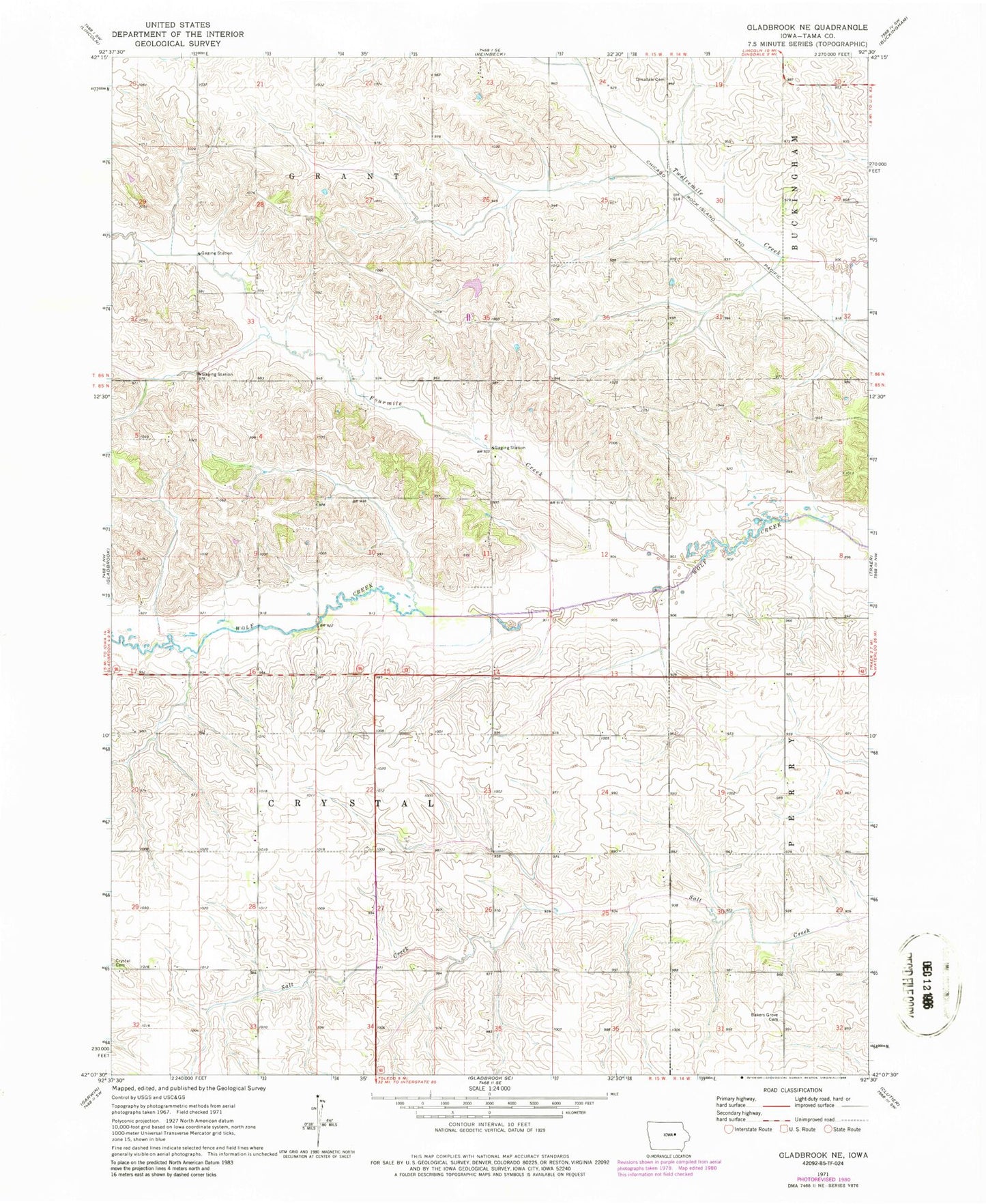 Classic USGS Gladbrook Iowa 7.5'x7.5' Topo Map Image
