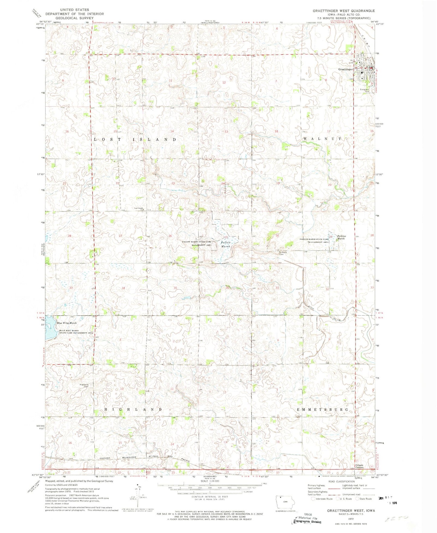 Classic USGS Graettinger West Iowa 7.5'x7.5' Topo Map Image