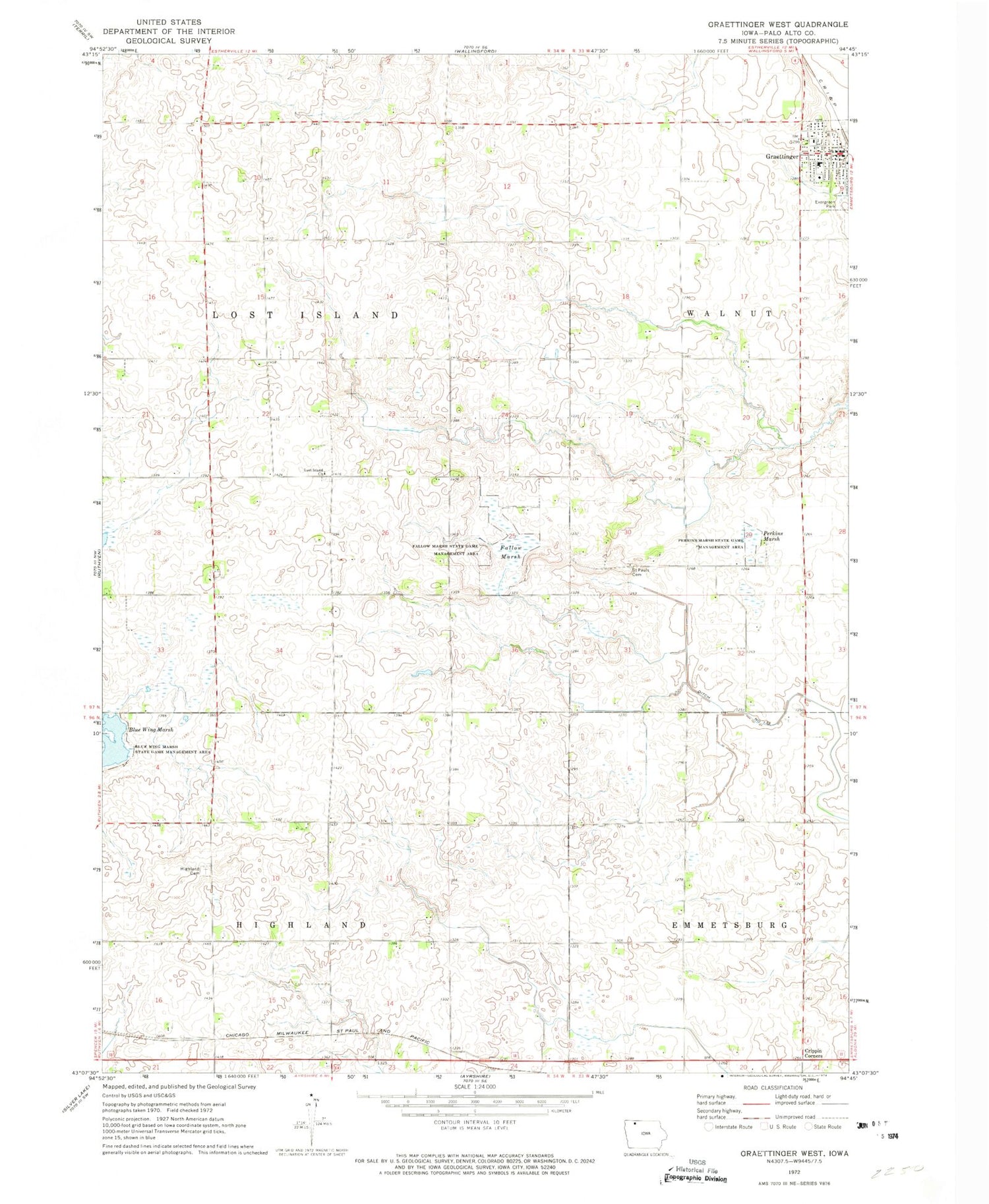 Classic USGS Graettinger West Iowa 7.5'x7.5' Topo Map Image