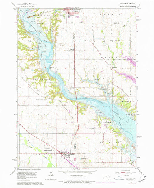 Classic USGS Granger Iowa 7.5'x7.5' Topo Map Image
