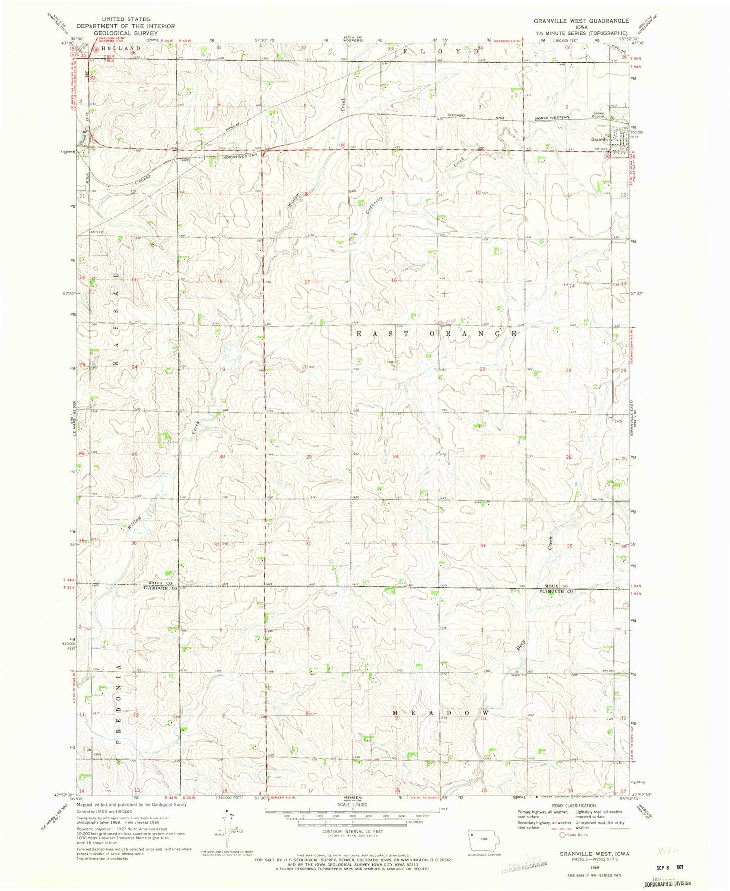 Classic USGS Granville West Iowa 7.5'x7.5' Topo Map Image