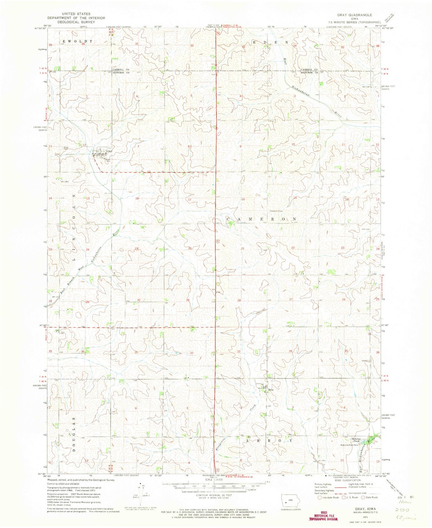 Classic USGS Gray Iowa 7.5'x7.5' Topo Map Image