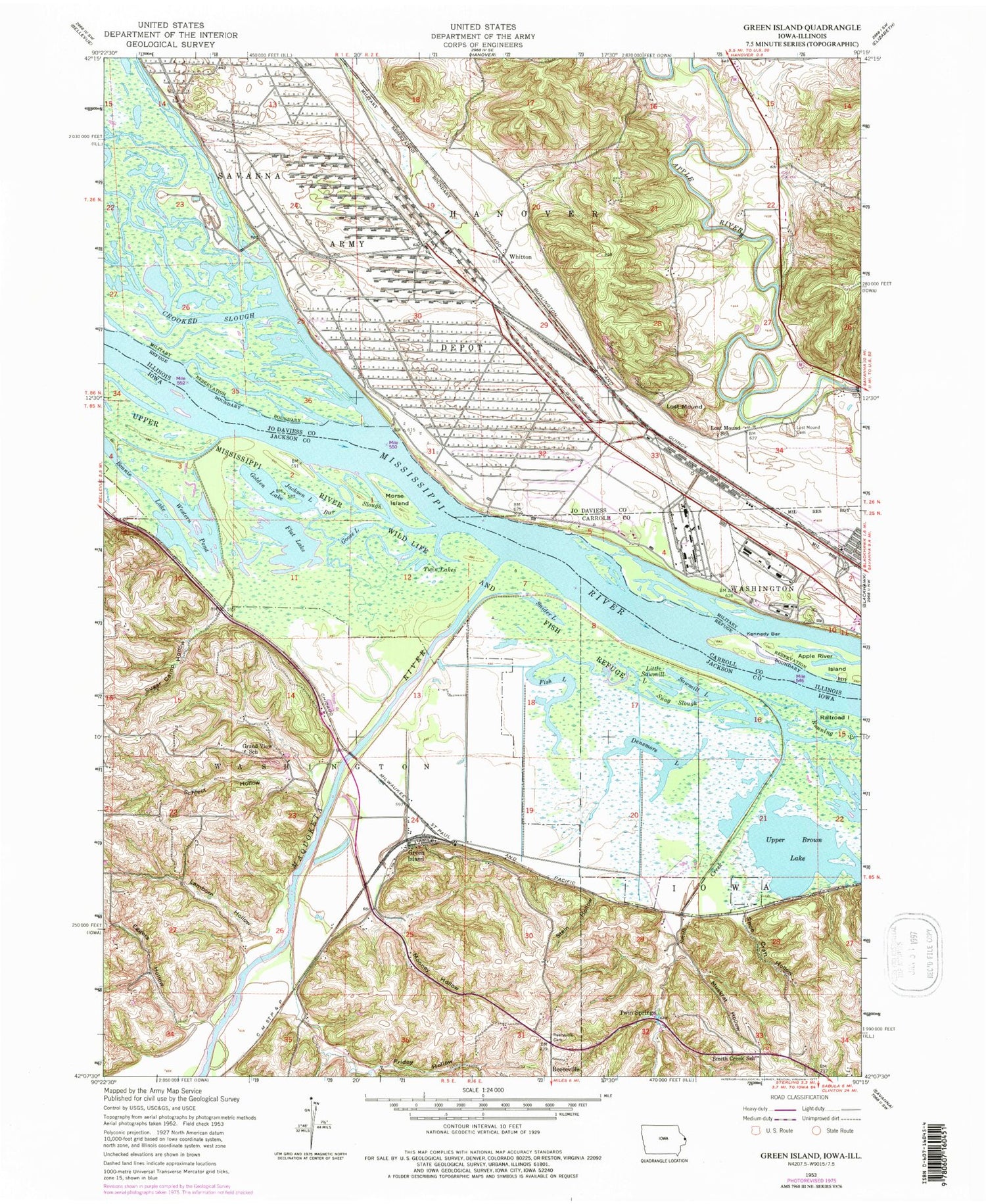 Classic USGS Green Island Iowa 7.5'x7.5' Topo Map Image