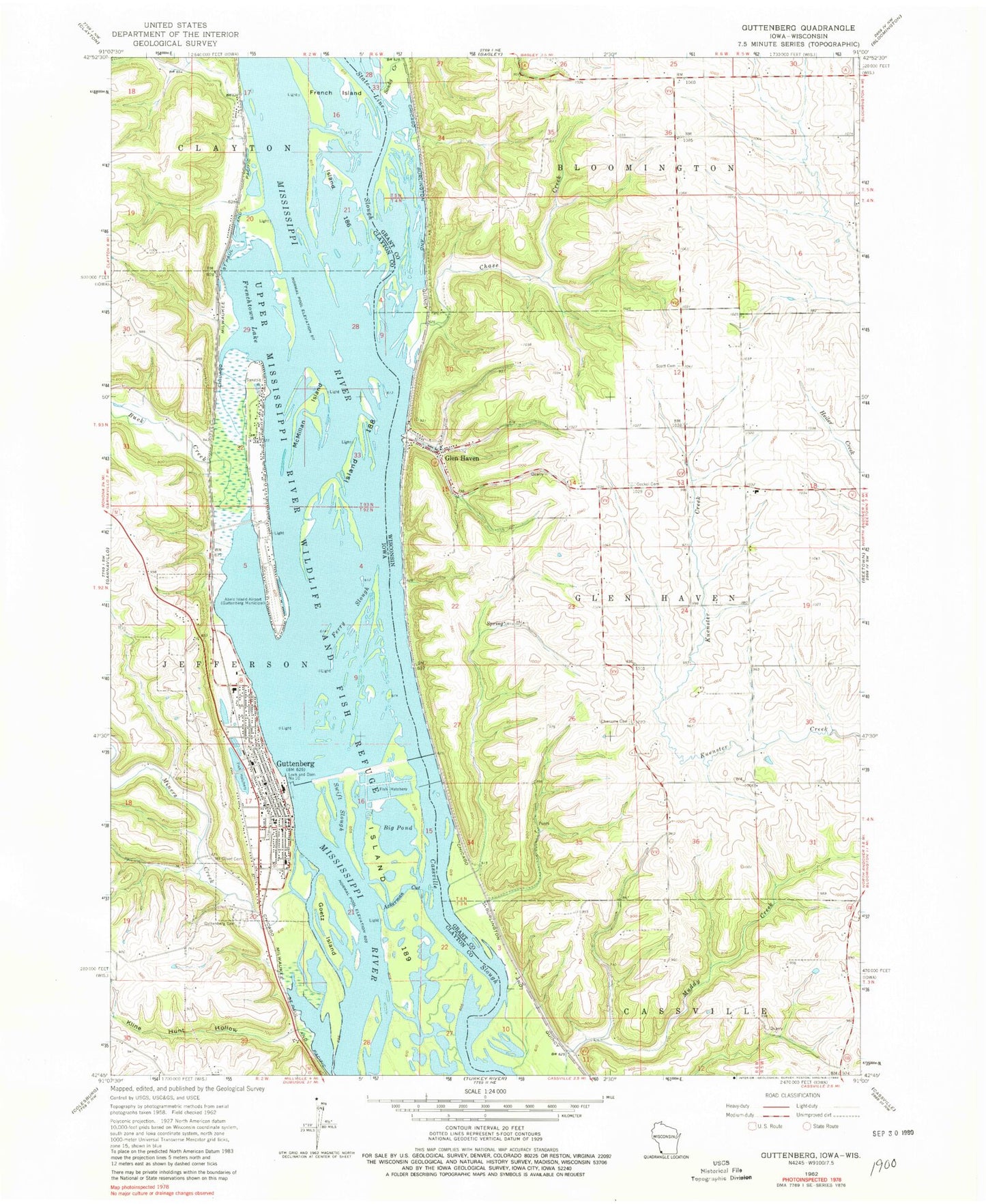 Classic USGS Guttenberg Iowa 7.5'x7.5' Topo Map Image