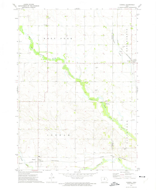 Classic USGS Hansell Iowa 7.5'x7.5' Topo Map Image