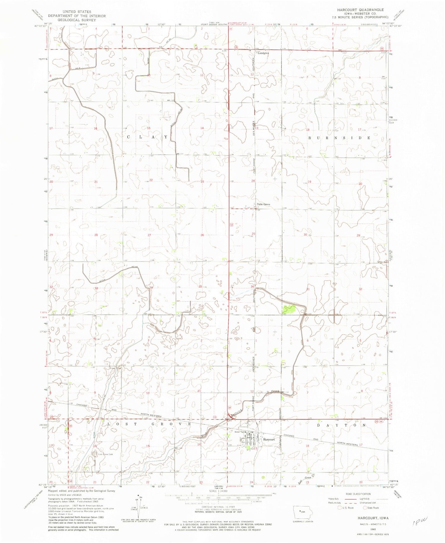 Classic USGS Harcourt Iowa 7.5'x7.5' Topo Map Image