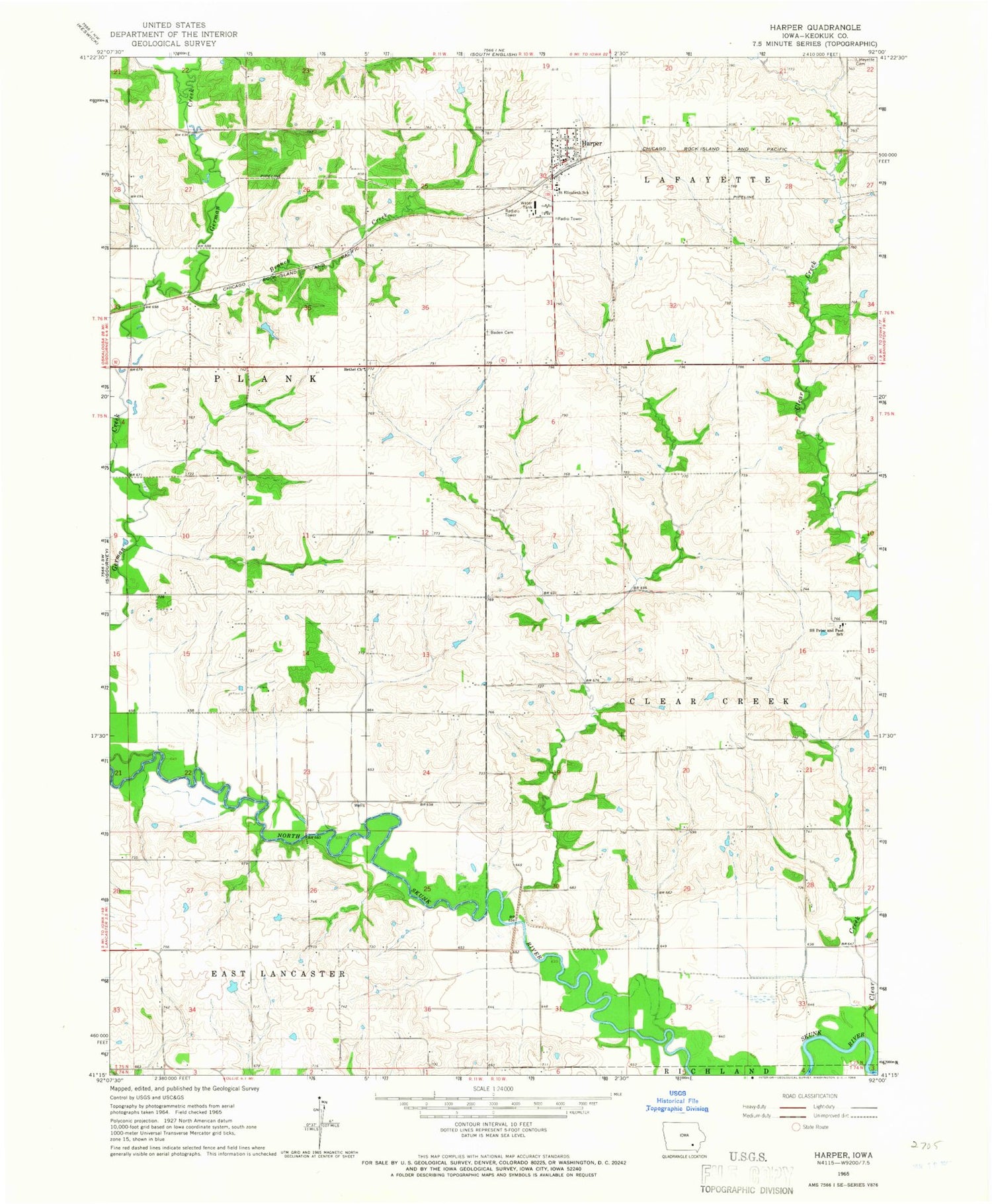 Classic USGS Harper Iowa 7.5'x7.5' Topo Map Image