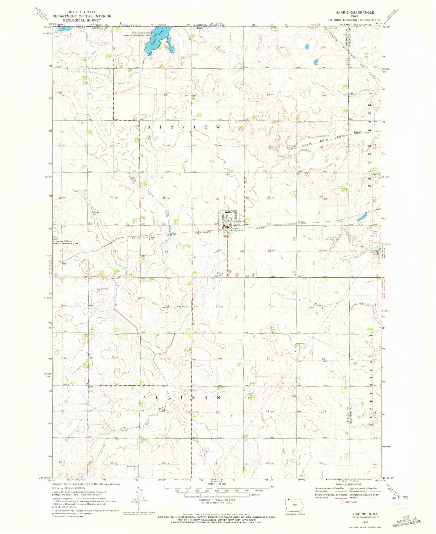 Classic USGS Harris Iowa 7.5'x7.5' Topo Map Image